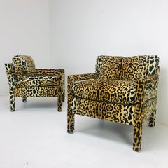 Pair of Leopard Parsons Chairs in the Style of Milo Baughman, Custom