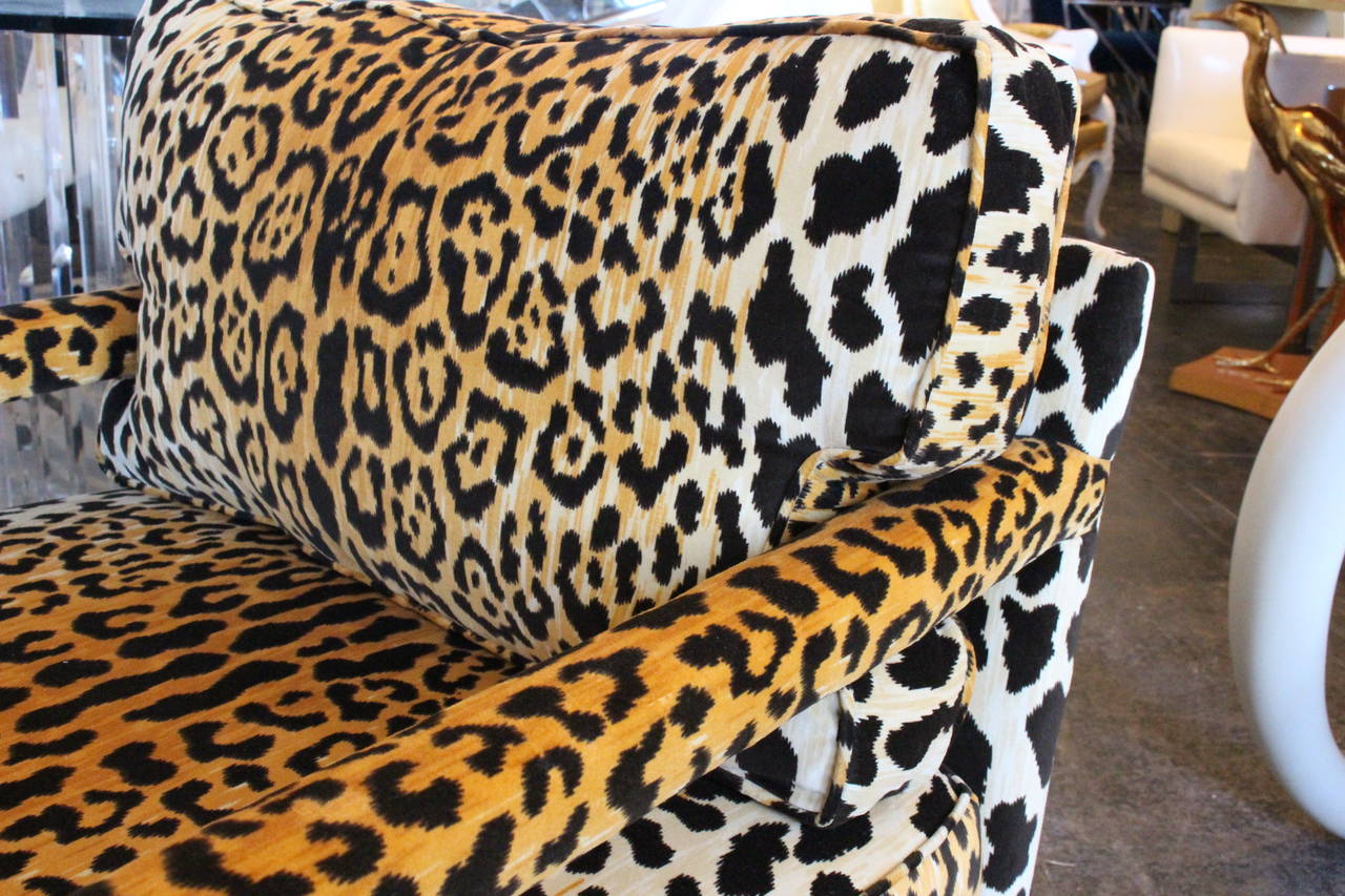 Woodwork Pair of Leopard Parsons Chairs in the Style of Milo Baughman, Custom For Sale