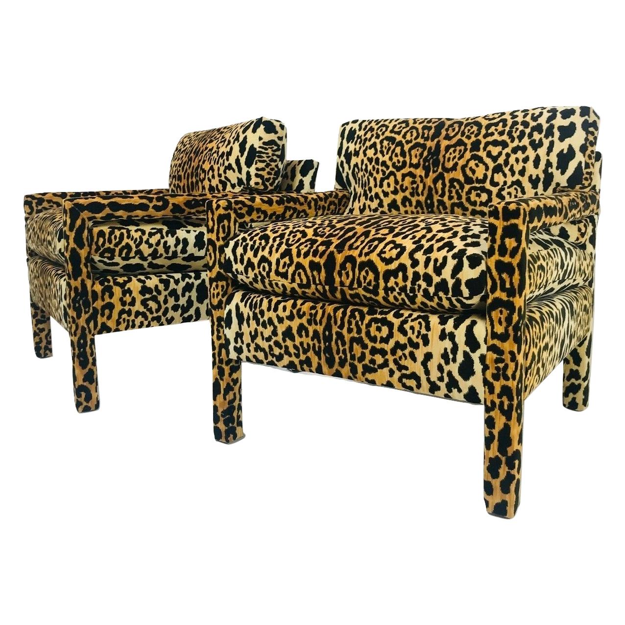 Pair of Leopard Parsons Chairs in the Style of Milo Baughman, Custom