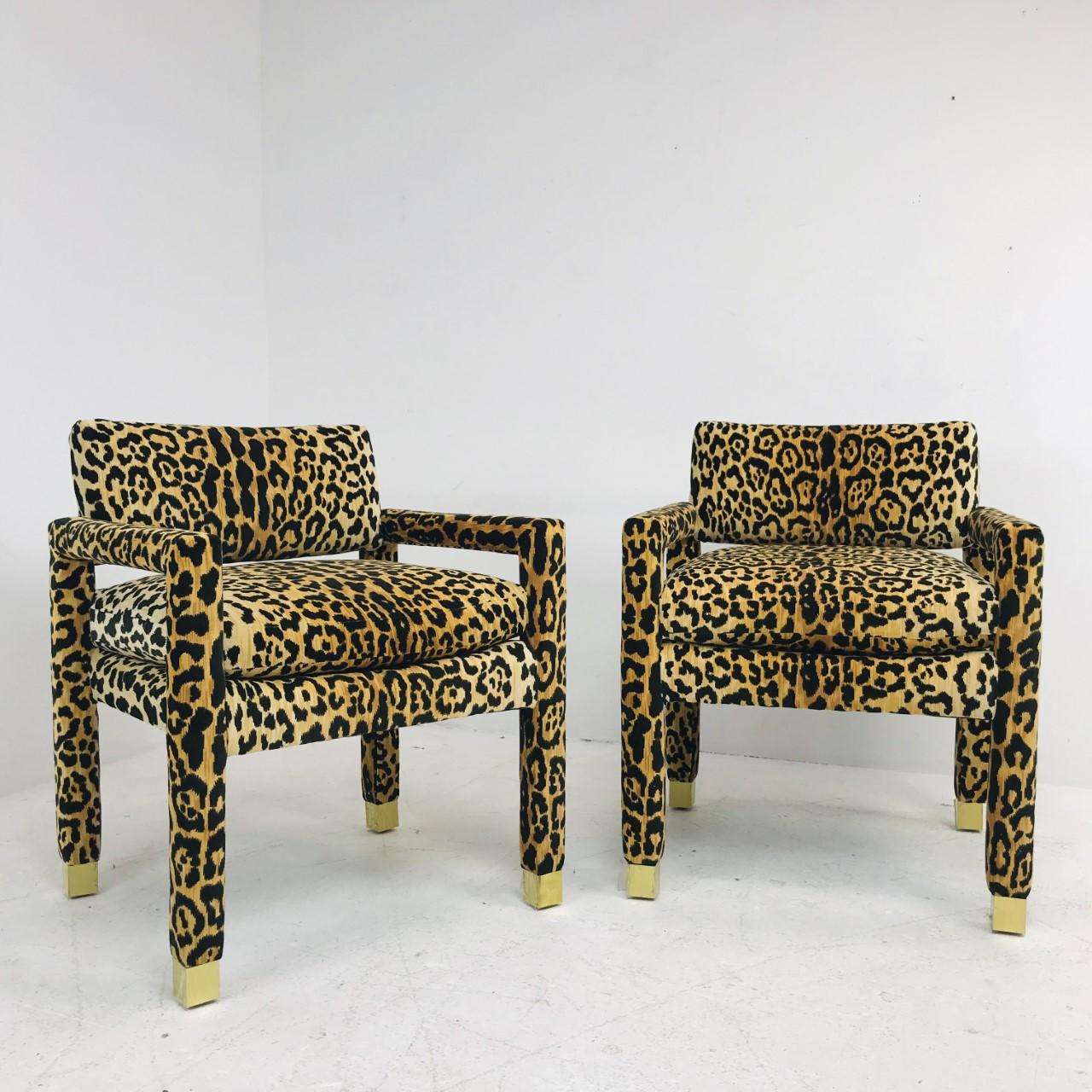 Mid-Century Modern Pair of Leopard Parsons Chairs with Brass Sabots, Custom For Sale