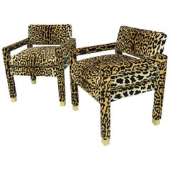 Pair of Leopard Parsons Chairs with Brass Sabots, Custom