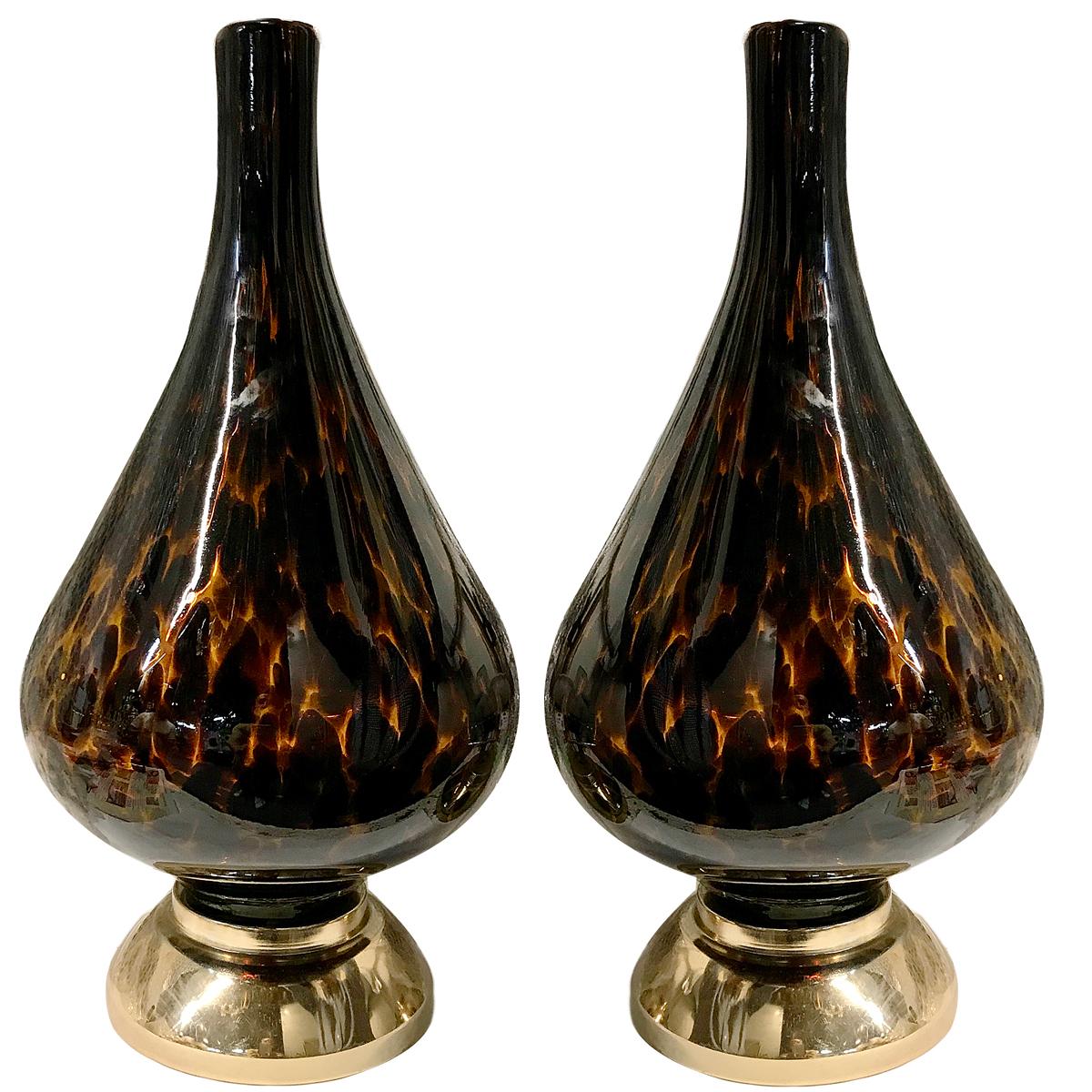 Pair of Leopard Pattern Blown Glass Table Lamps For Sale