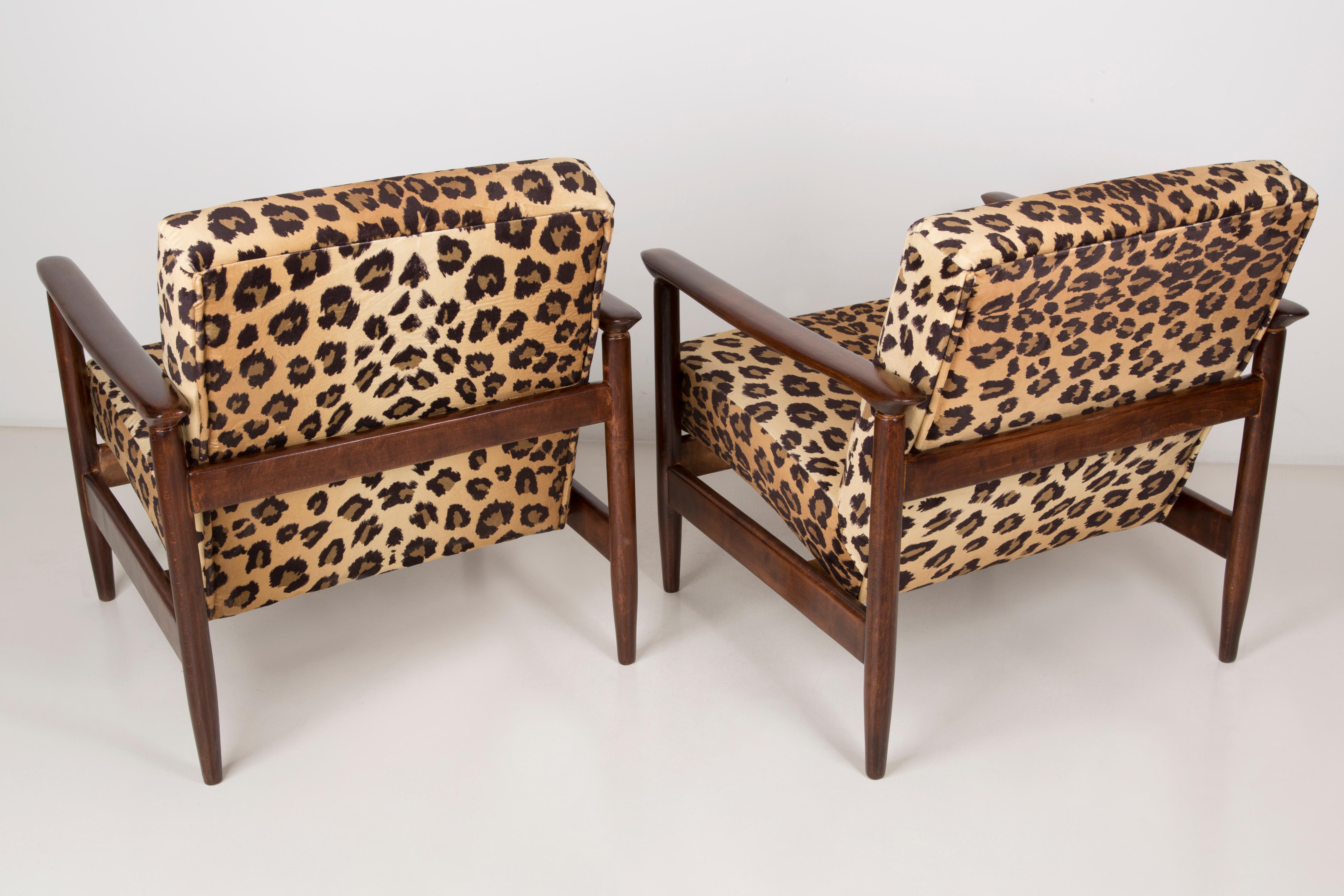 Mid-Century Modern Paire de fauteuils en velours imprimé léopard, Edmund Homa, GFM-142, années 1960, Pologne en vente