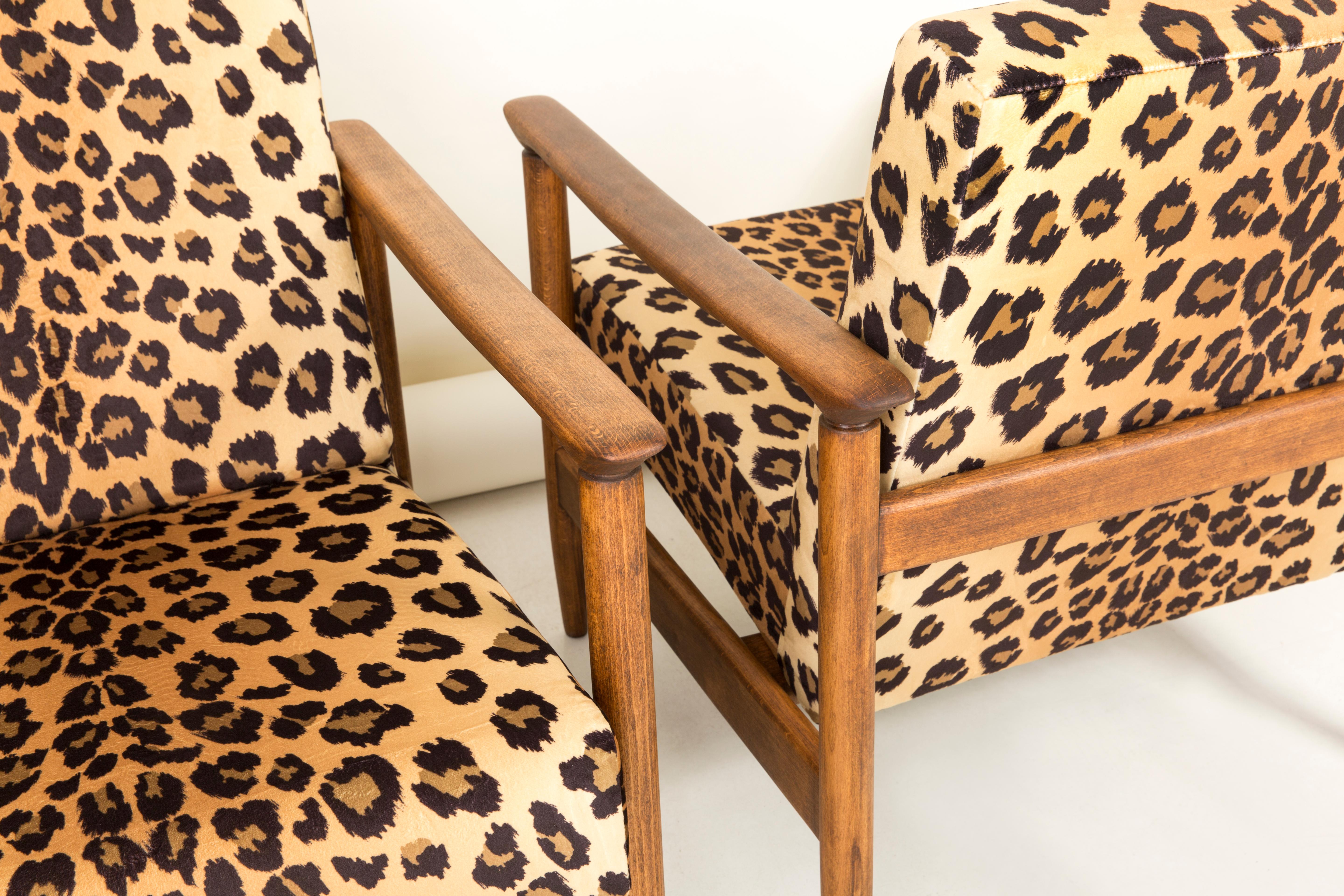 Textile Pair of Leopard Print Velvet Armchairs, Edmund Homa, GFM-142, 1960s, Poland For Sale