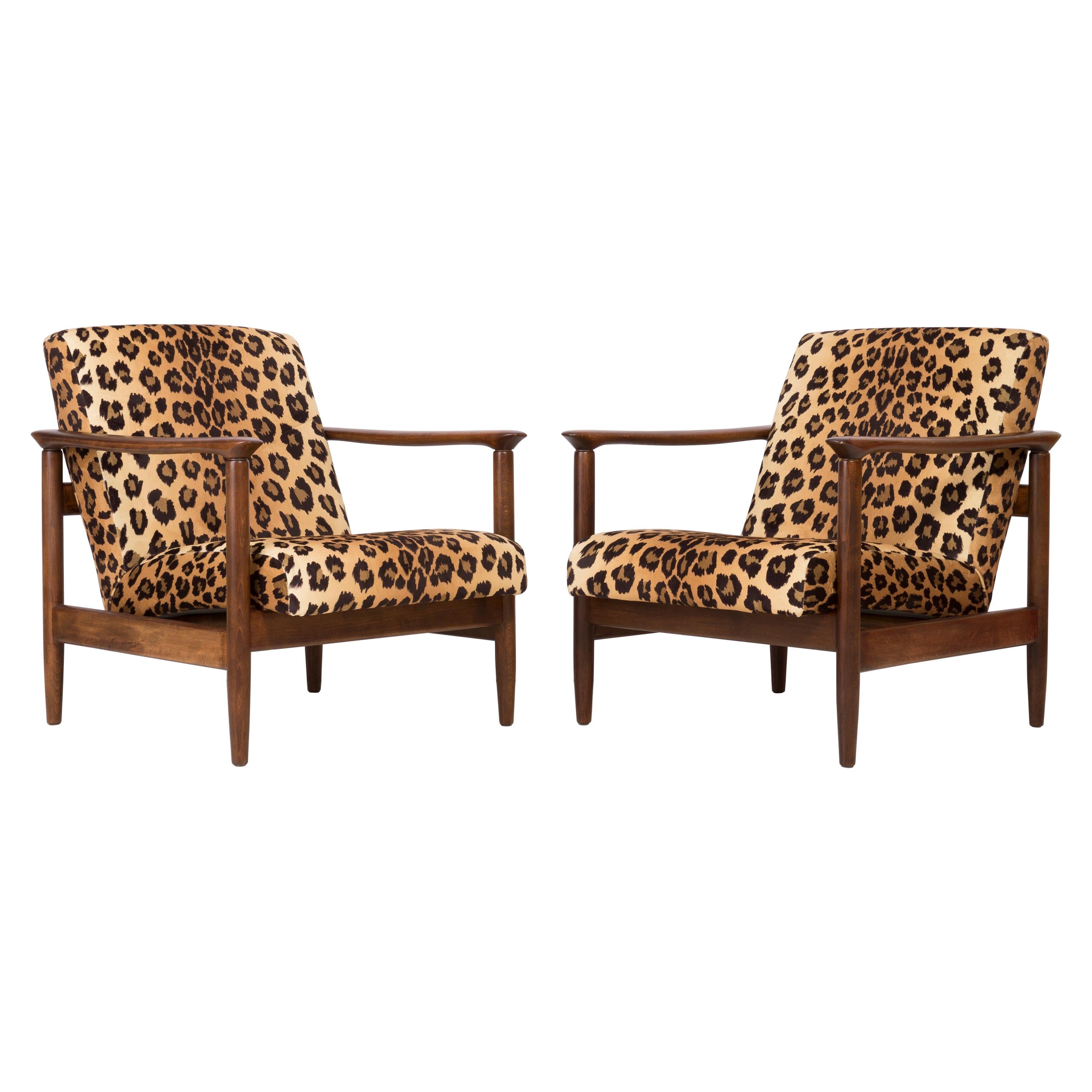 Pair of Leopard Print Velvet Armchairs, Edmund Homa, GFM-142, 1960s, Poland