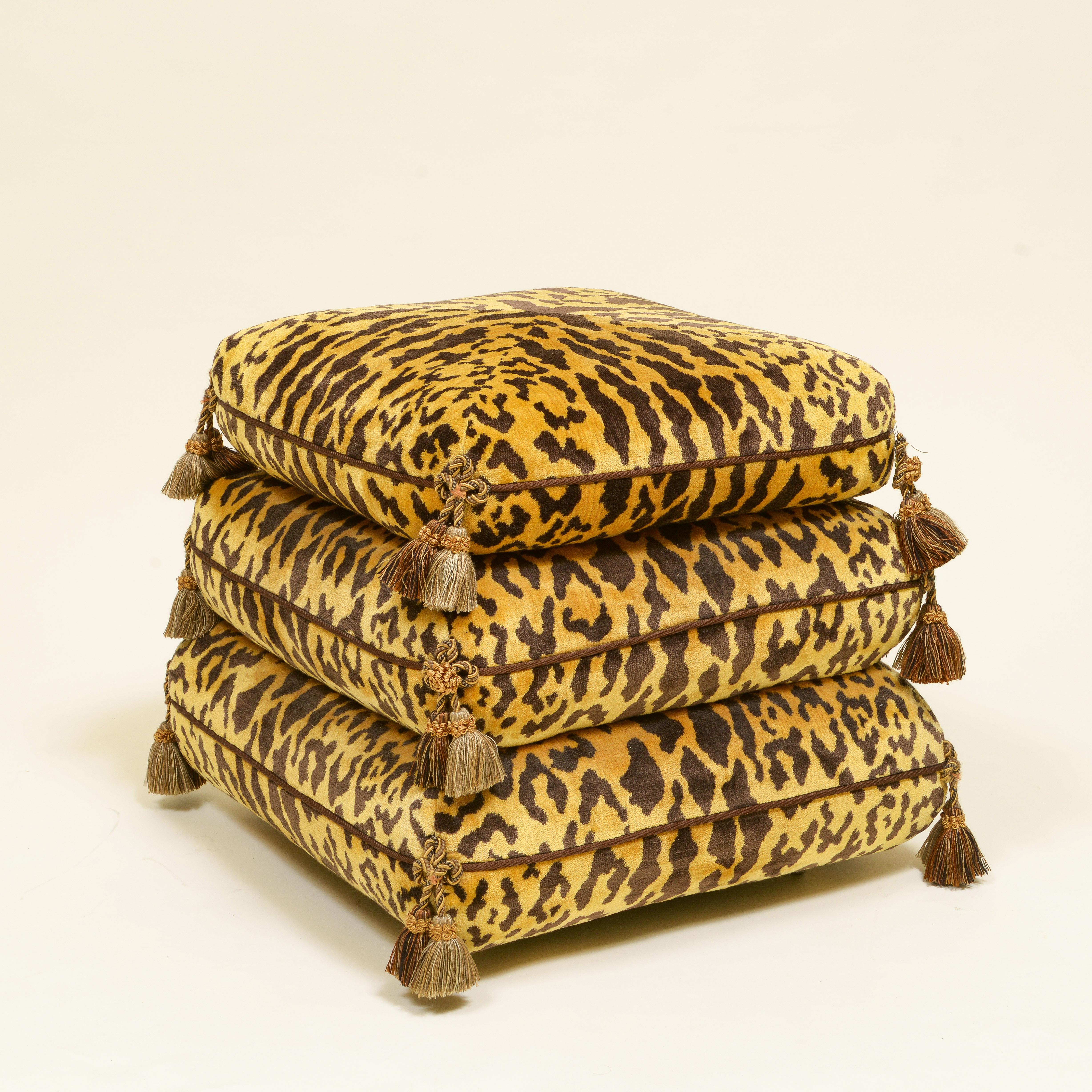 20th Century Pair of Leopard Silk Velvet Ottomans