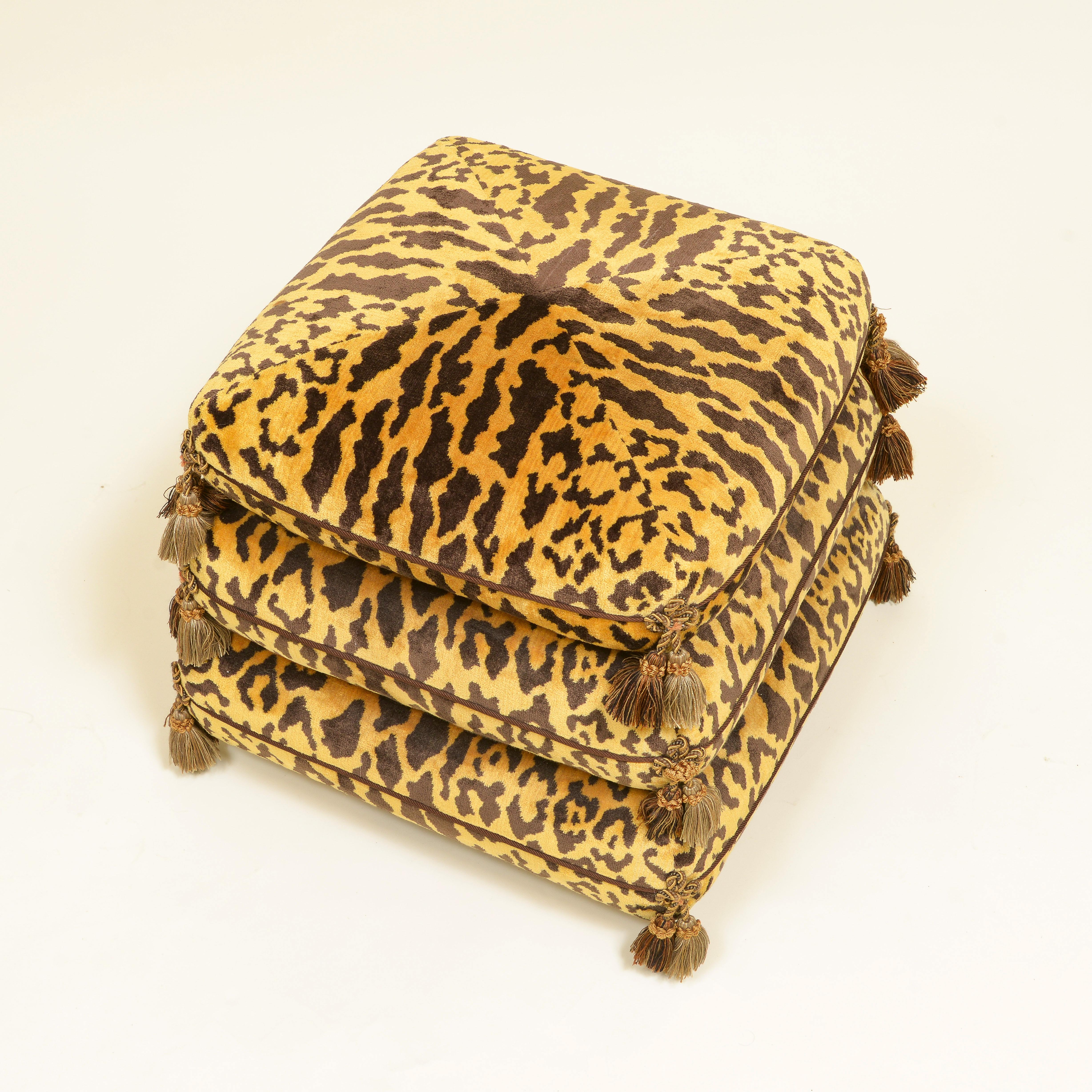 Pair of Leopard Silk Velvet Ottomans 1