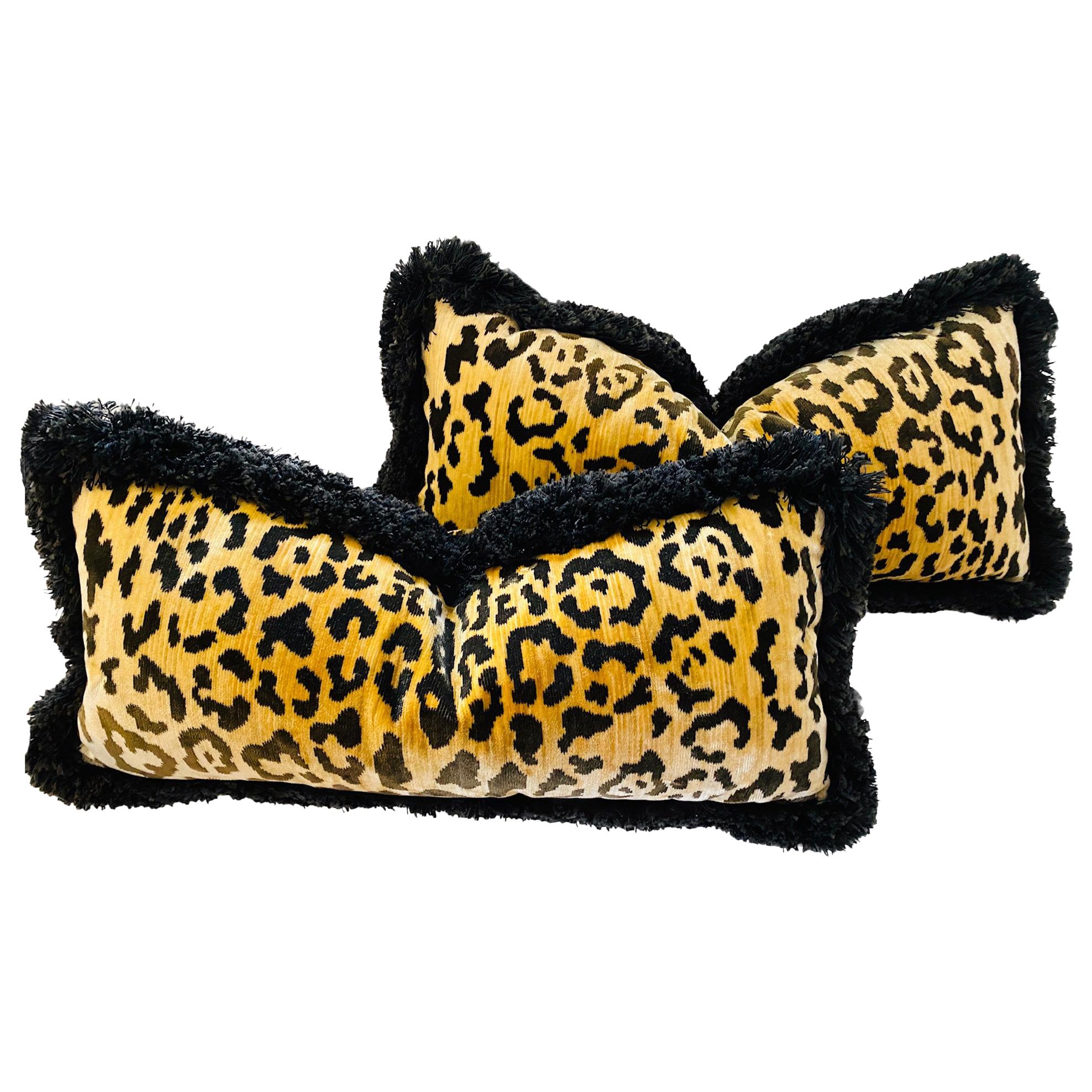 Pair of Leopard Velvet Lumbar Cushions For Sale