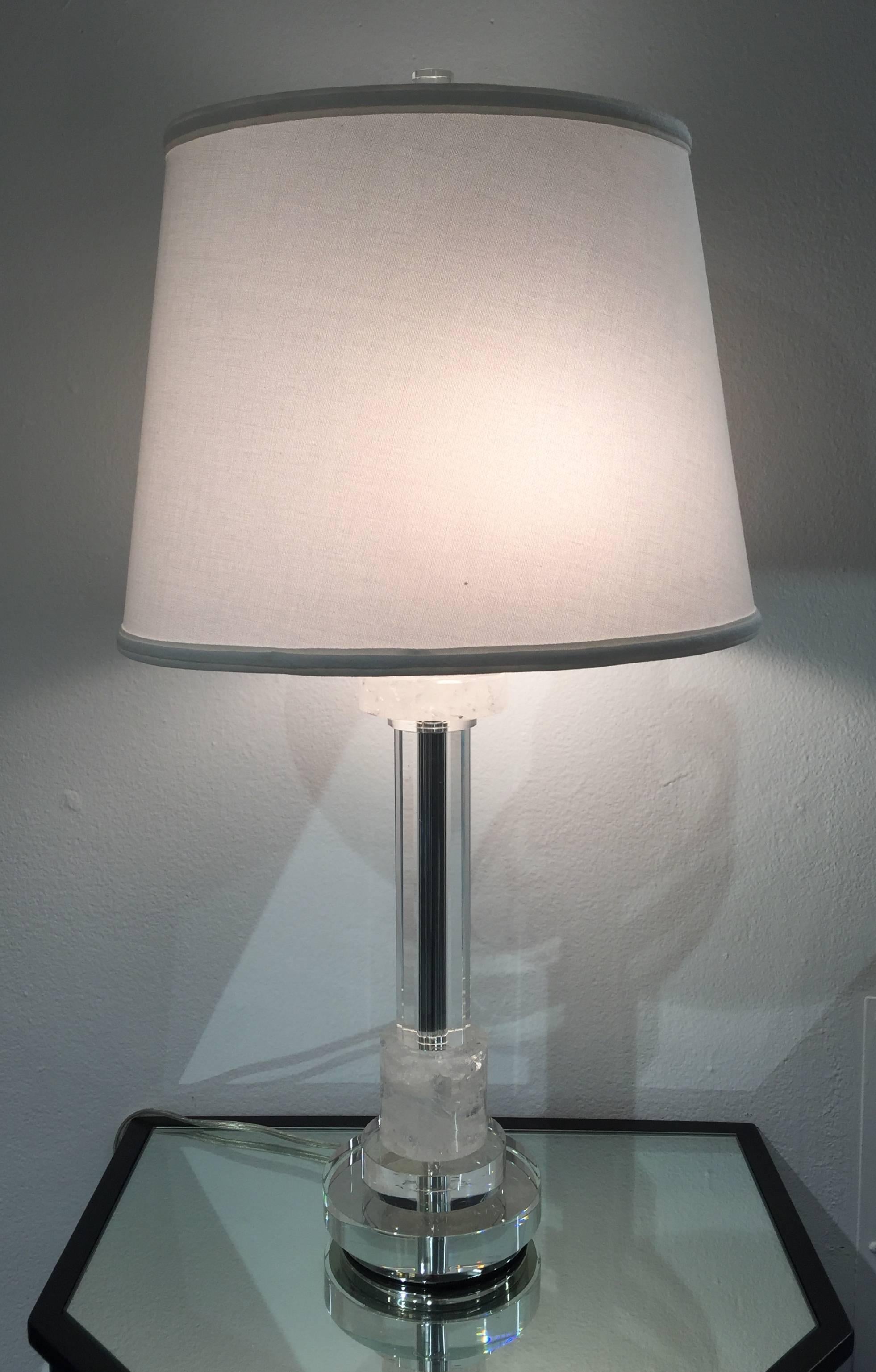 Pair of Les Prismatique rock crystal, and polished crystal, mirrored chrome polished lamps.