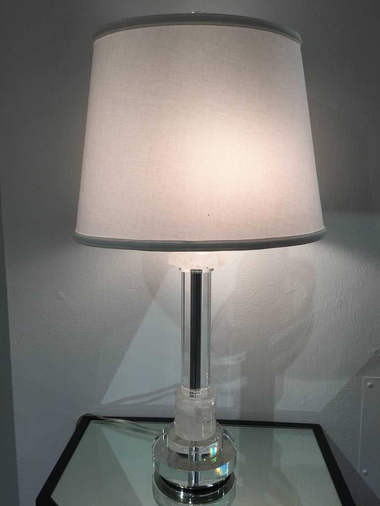 Mid-Century Modern Pair of Les Prismatique Rock Crystal / Crystal Mirrored Chrome Lamps For Sale