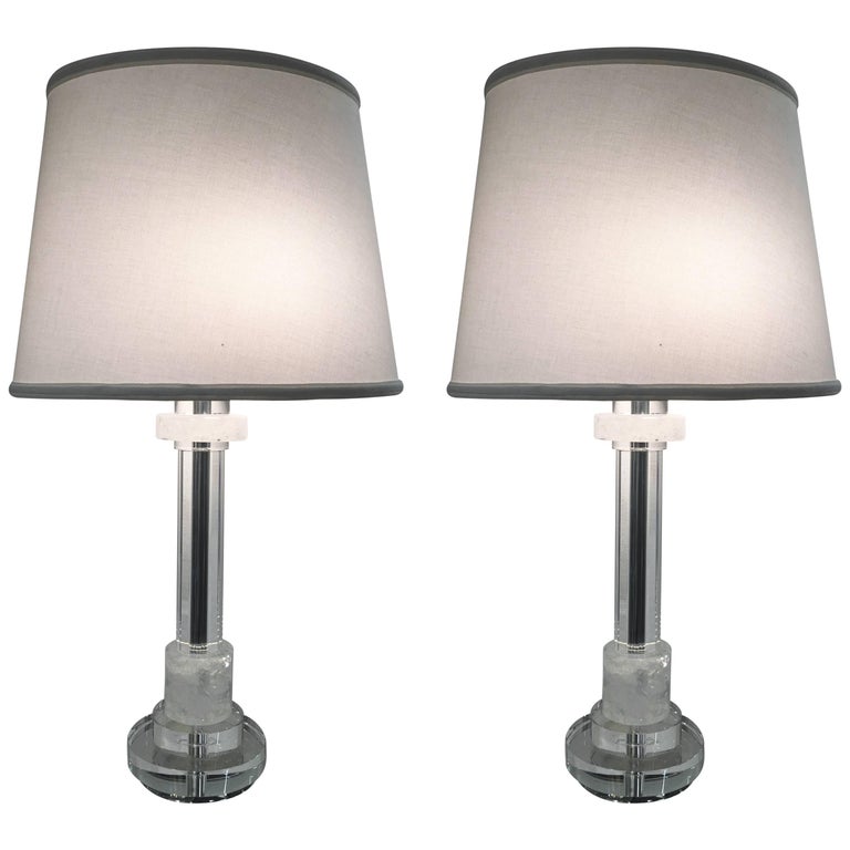 Pair of Les Prismatique Rock Crystal / Crystal Mirrored Chrome Lamps For Sale