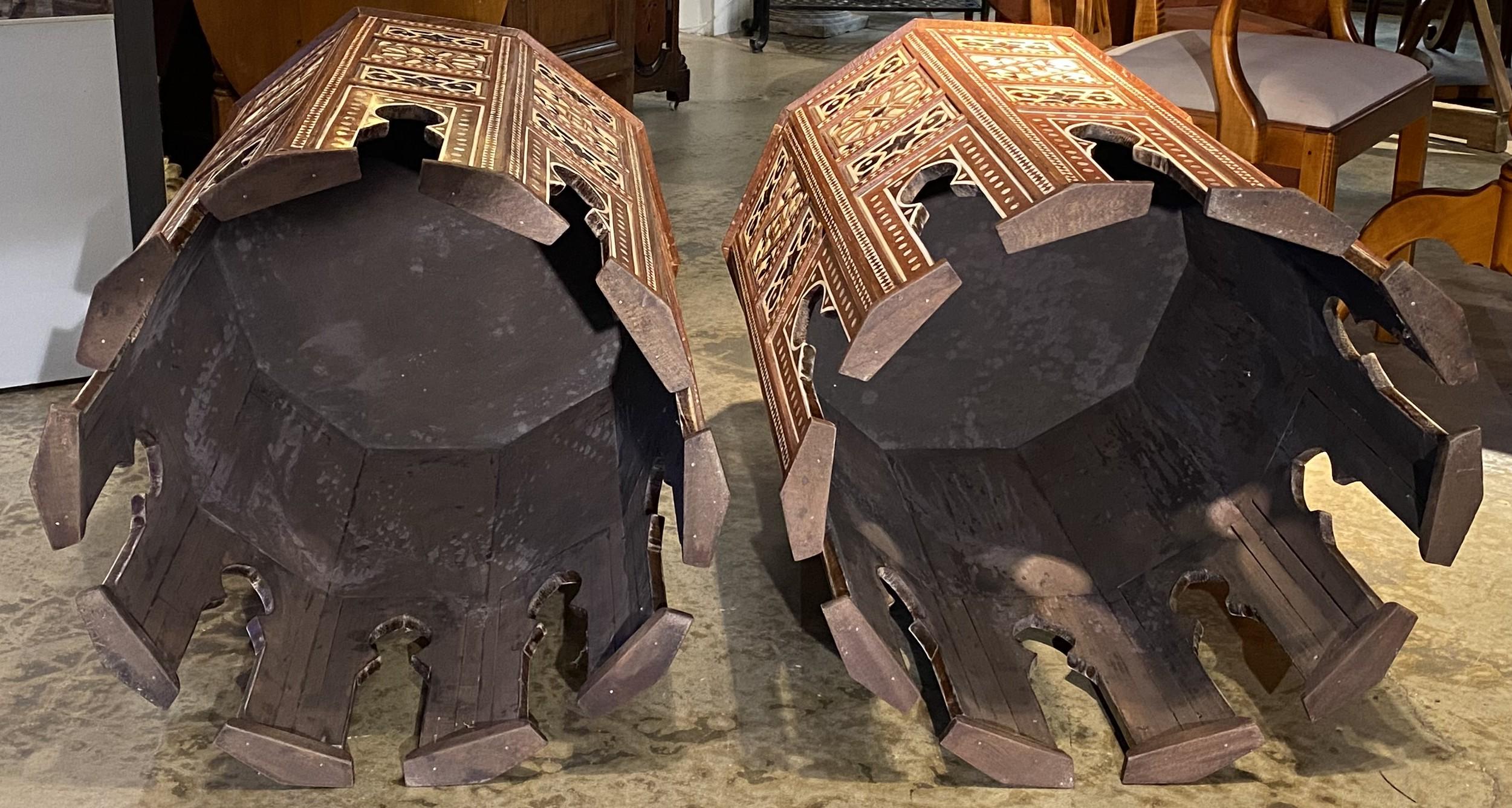 Pair of Levantine Style Ten Sided End or Side Tables with Geometric Mosaic Inlay For Sale 6