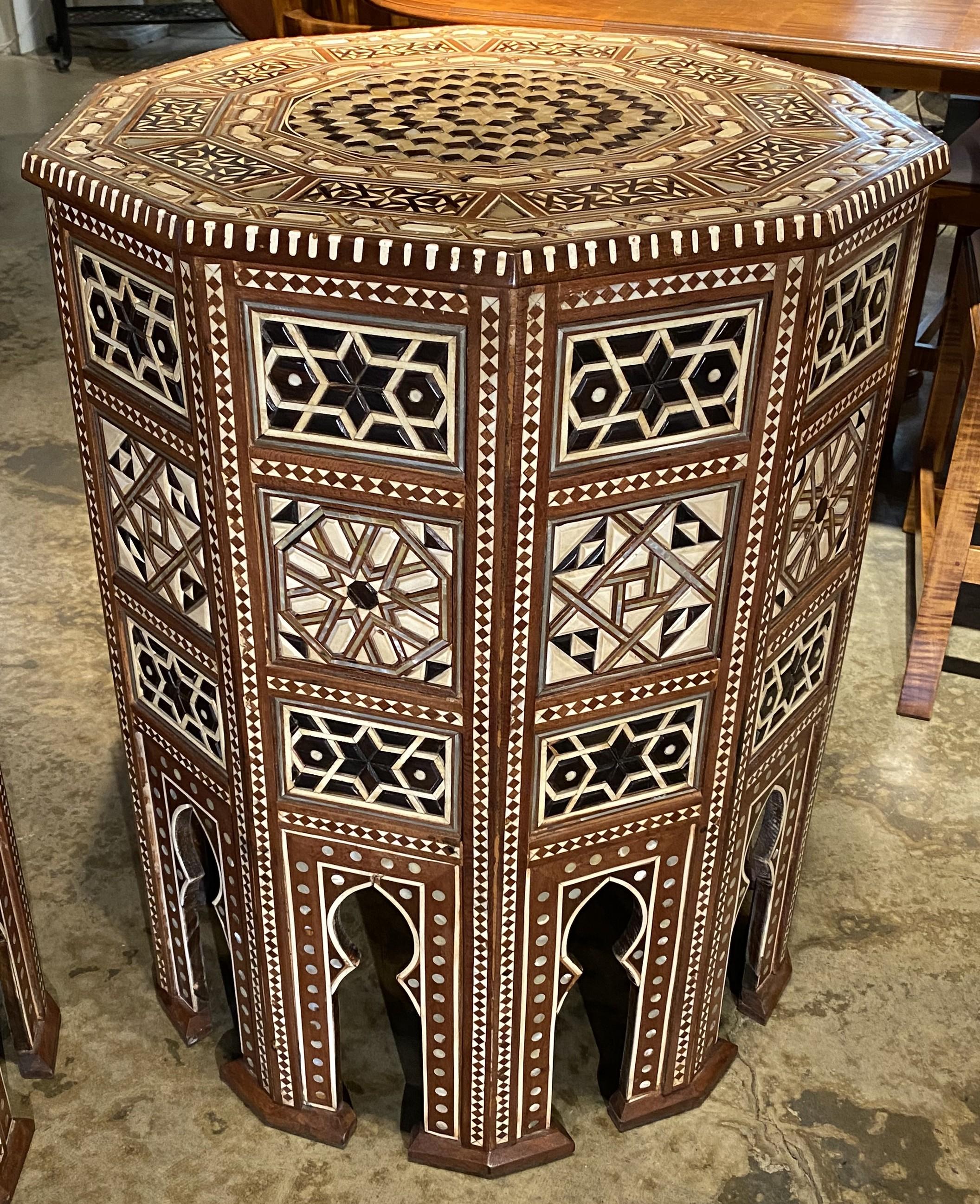 Moorish Pair of Levantine Style Ten Sided End or Side Tables with Geometric Mosaic Inlay For Sale