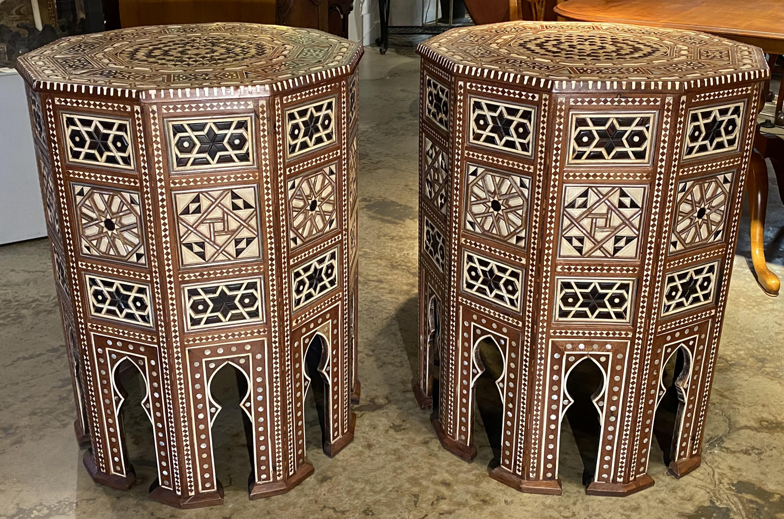 Hand-Carved Pair of Levantine Style Ten Sided End or Side Tables with Geometric Mosaic Inlay For Sale