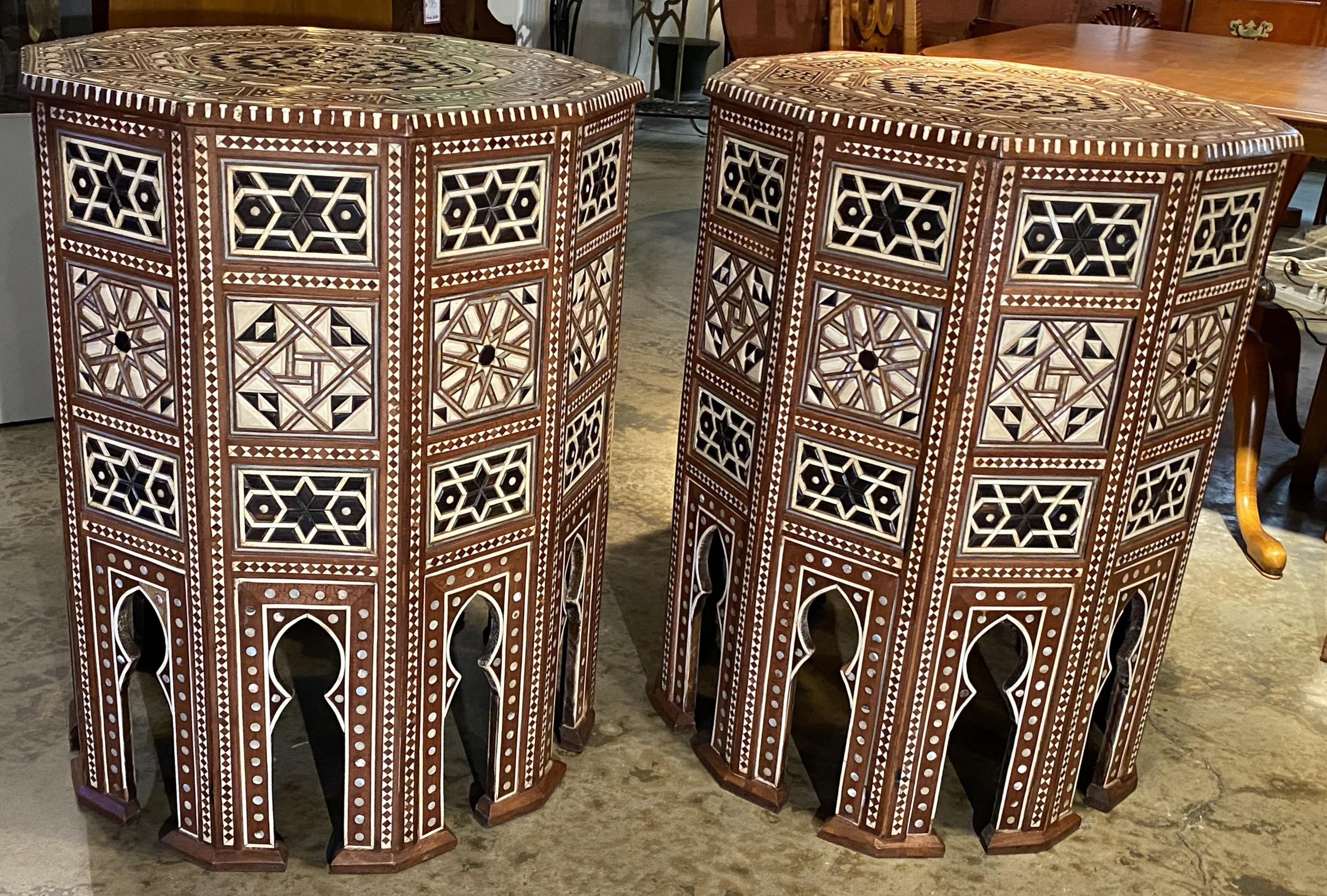 Pair of Levantine Style Ten Sided End or Side Tables with Geometric Mosaic Inlay In Good Condition For Sale In Milford, NH