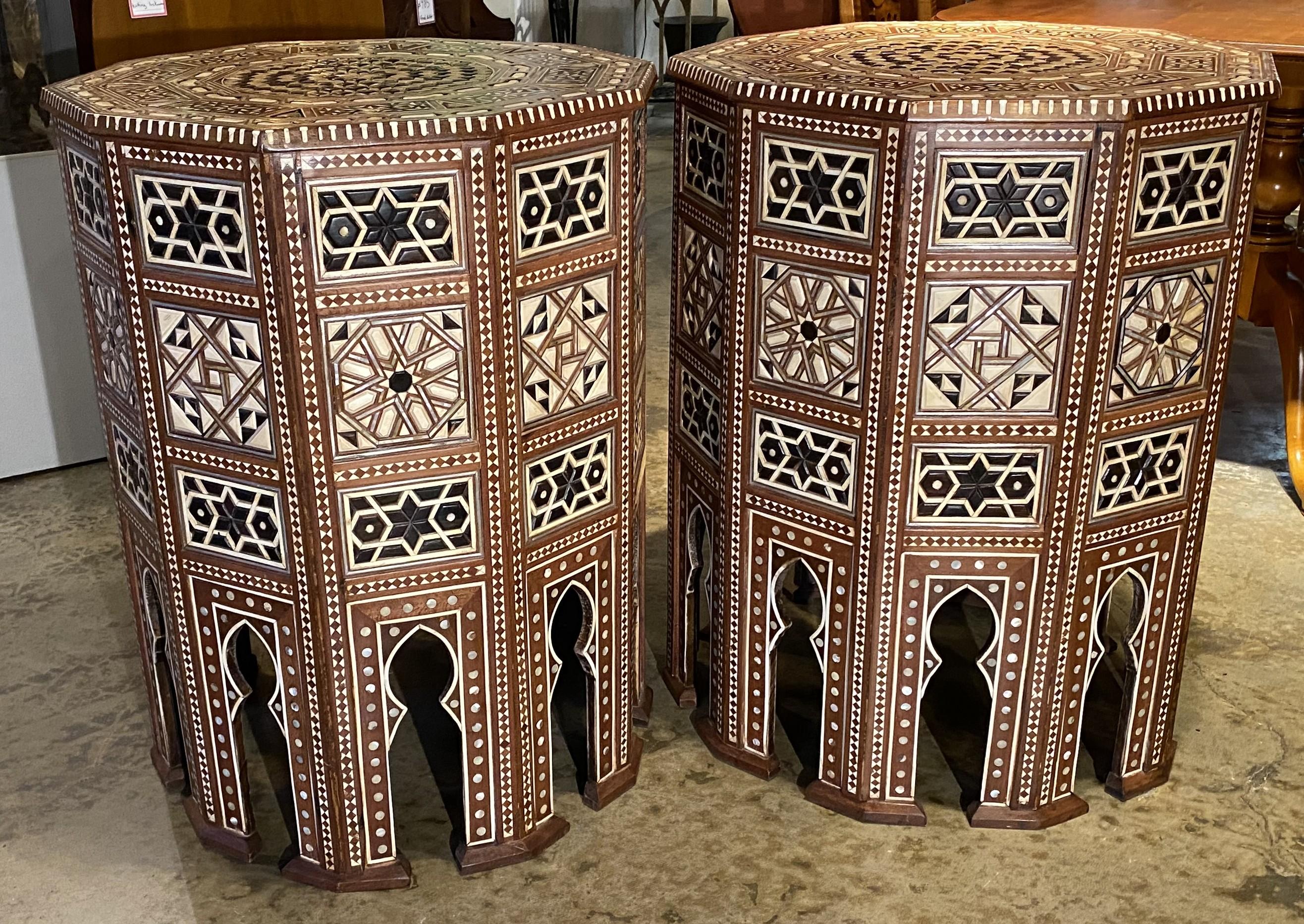 20th Century Pair of Levantine Style Ten Sided End or Side Tables with Geometric Mosaic Inlay For Sale
