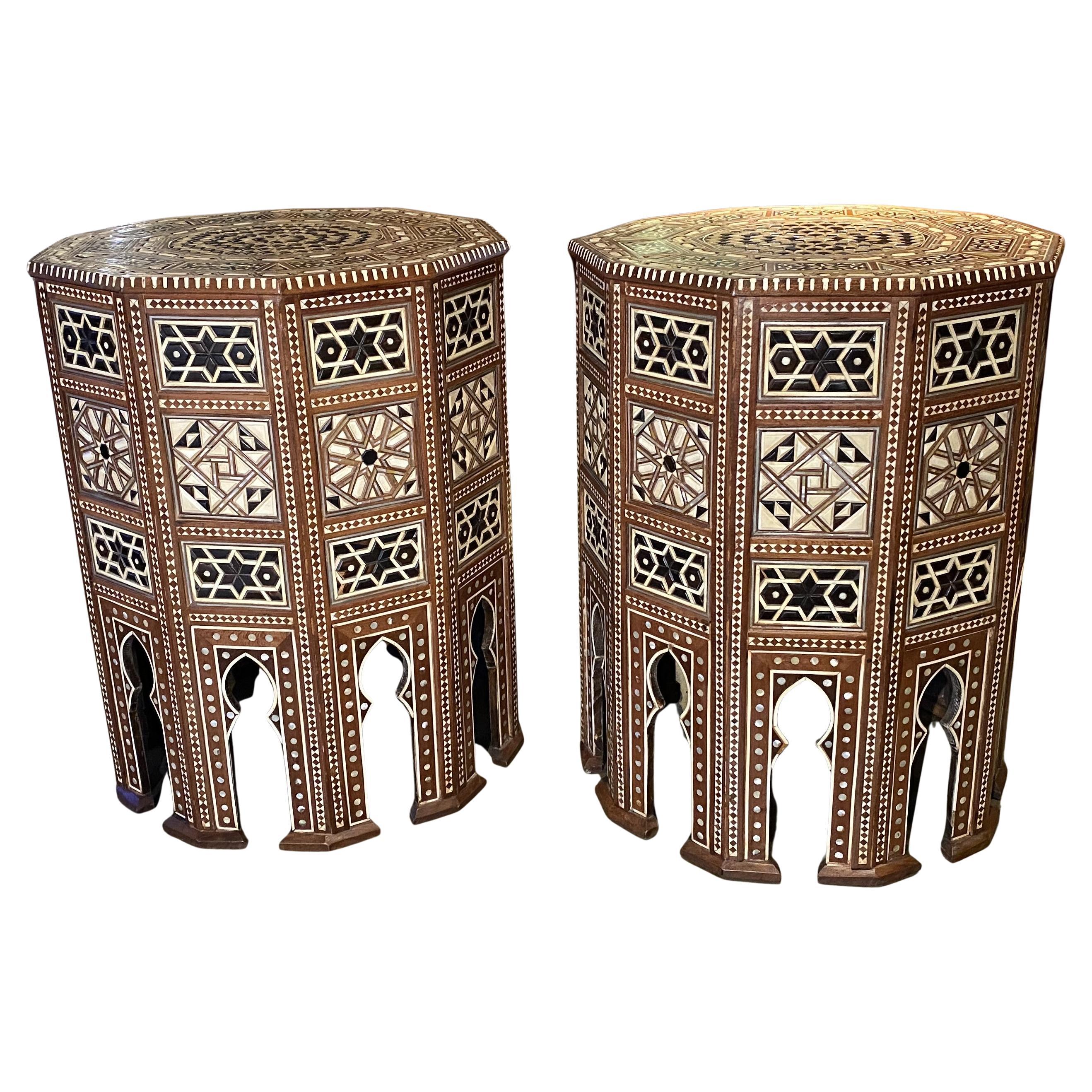 Pair of Levantine Style Ten Sided End or Side Tables with Geometric Mosaic Inlay For Sale