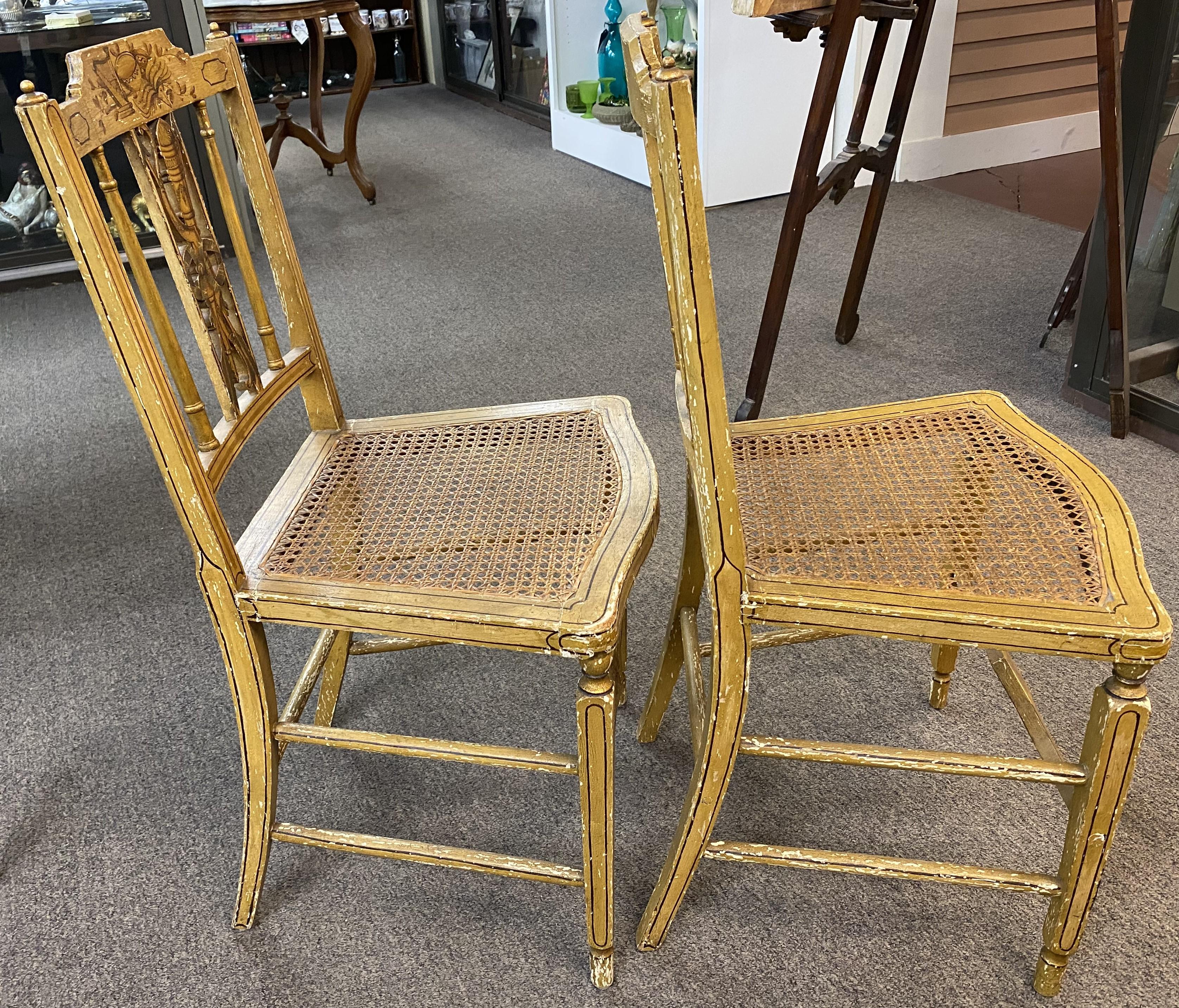 Wood Pair of Lewis Barnes Hand Painted Cane Seat Fancy Chairs, Portsmouth NH c 1820