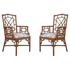 Pair of Lexington Chinese Chippendale Rattan Dining Arm Chairs