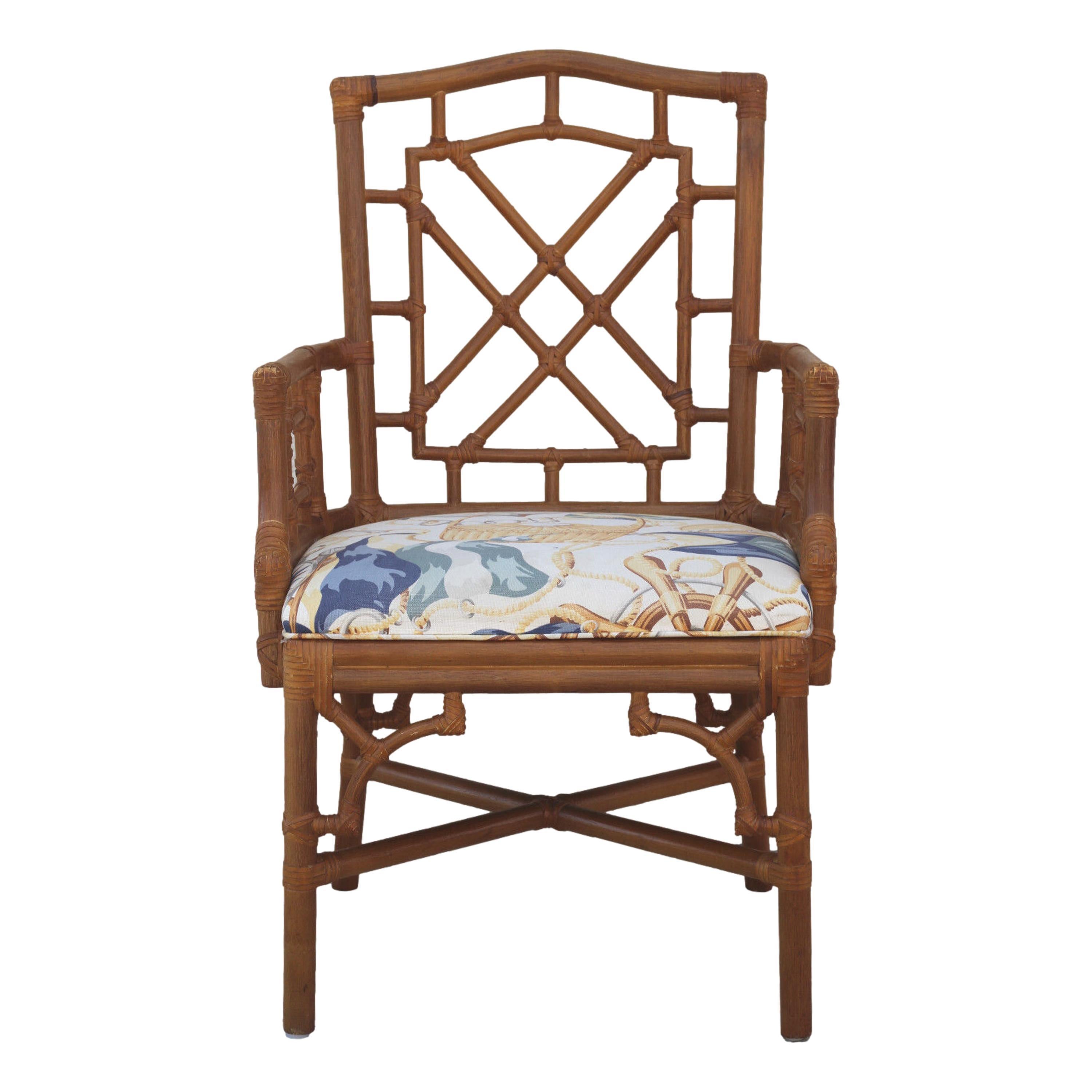 American Pair of Lexington Chinese Chippendale Rattan Dining Armchairs