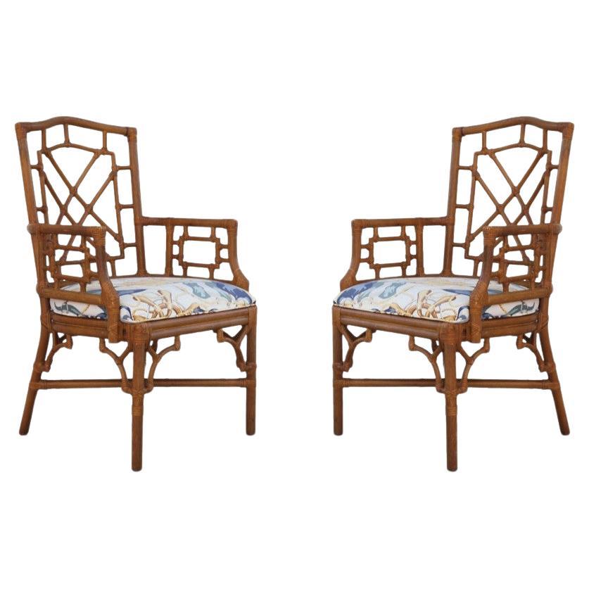 Pair of Lexington Chinese Chippendale Rattan Dining Armchairs