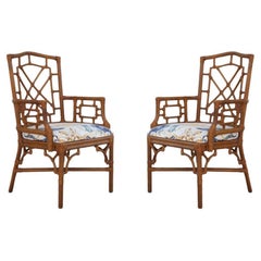Vintage Pair of Lexington Chinese Chippendale Rattan Dining Armchairs