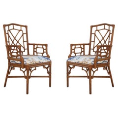 Pair of Lexington Chinese Chippendale Rattan Dining Armchairs