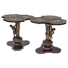 Pair of L&F Moreau Signed Art Nouveau Bronze Based Occasional Tables