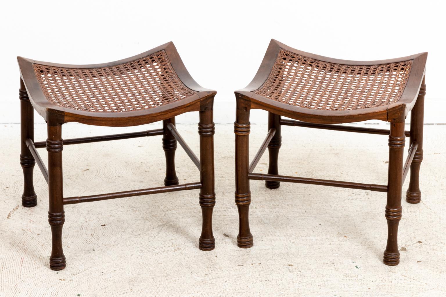 Pair of Liberty and Company Egyptian Revival Style Thebes Stools with Woven Seat In Good Condition In Stamford, CT