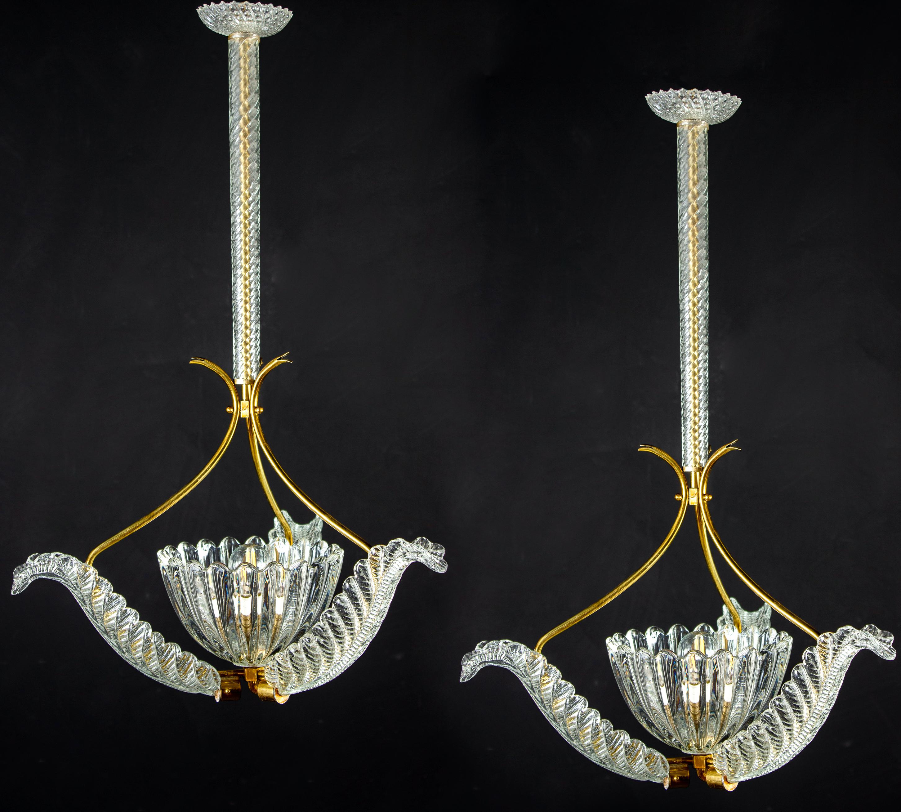 Art Deco Pair of Liberty Pendants or Lanterns by Ercole Barovier, 1940s For Sale