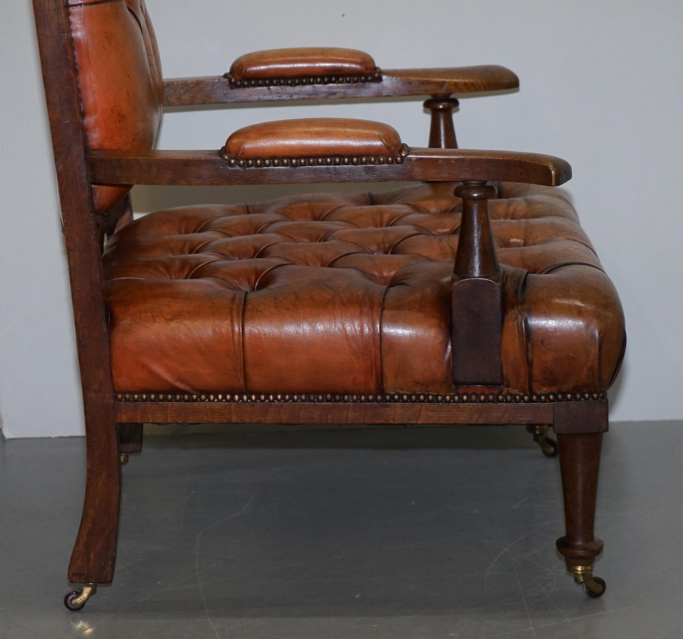 Pair of Libertys London Style Art Nouveau Chesterfield Brown Leather Armchairs For Sale 6