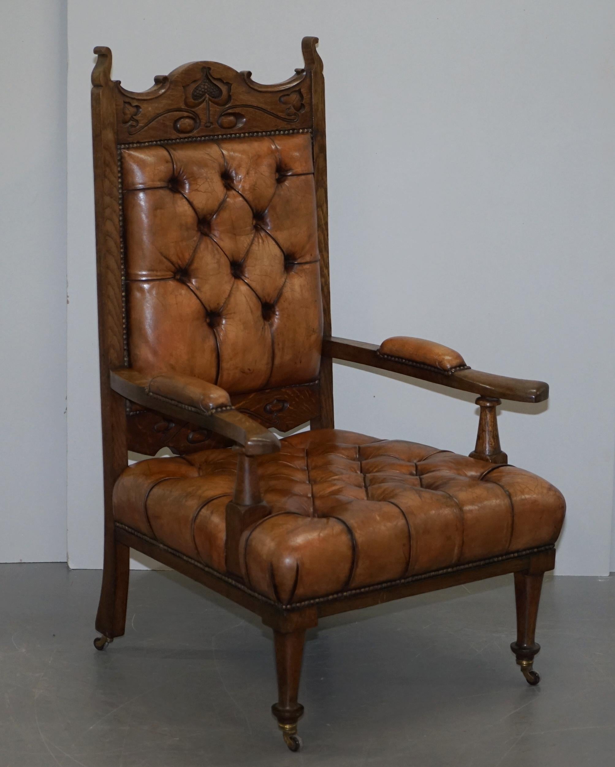 Pair of Libertys London Style Art Nouveau Chesterfield Brown Leather Armchairs For Sale 8