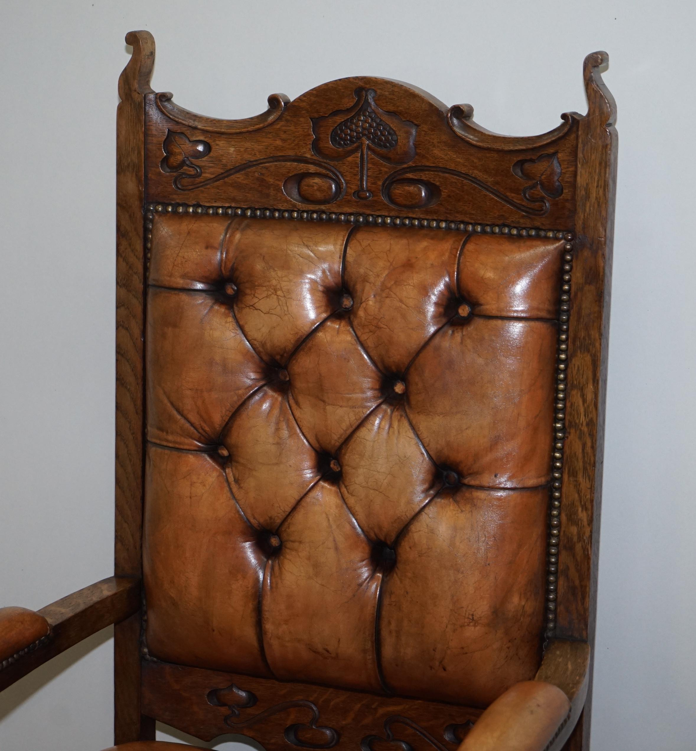 Pair of Libertys London Style Art Nouveau Chesterfield Brown Leather Armchairs For Sale 10