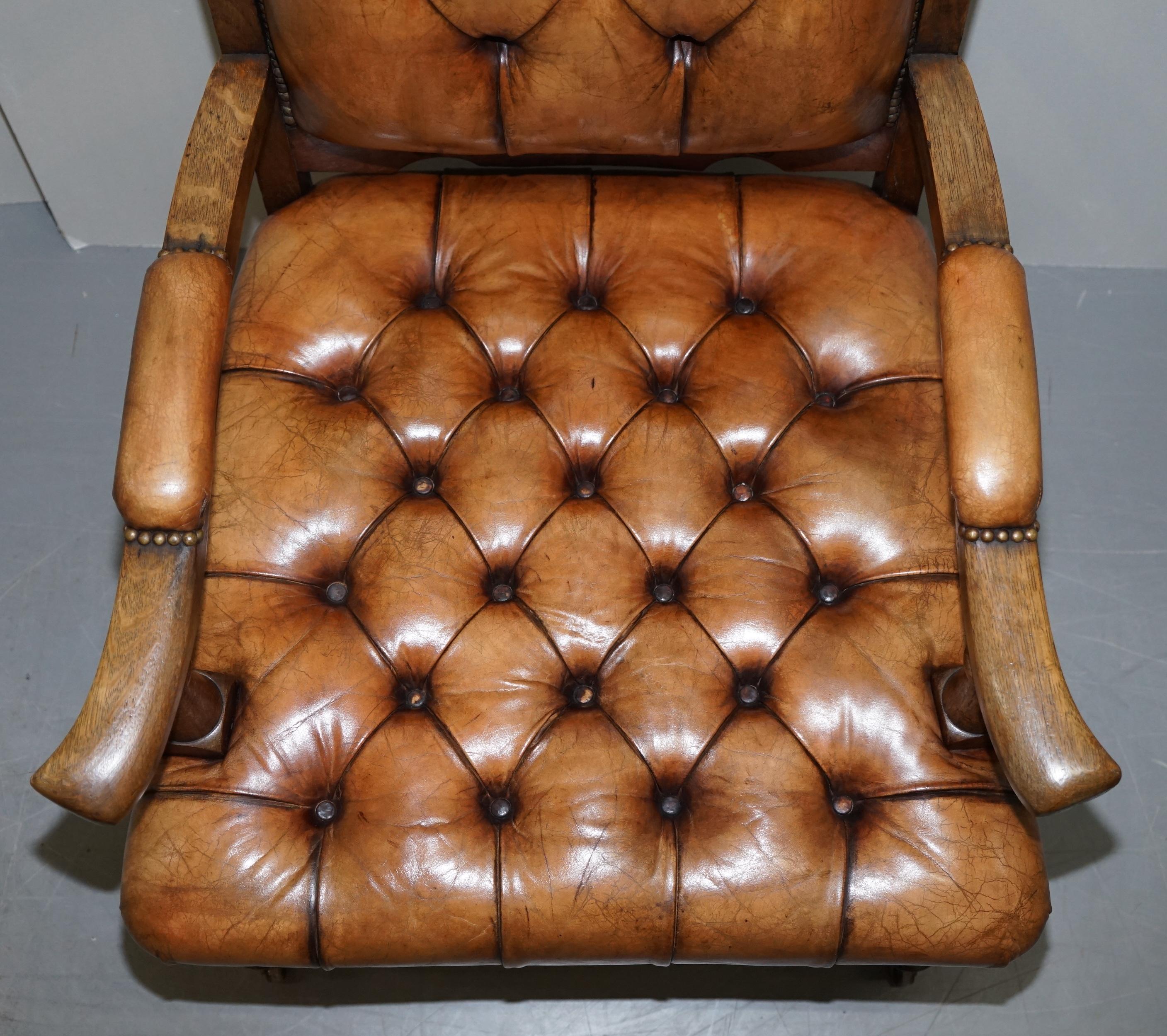 Pair of Libertys London Style Art Nouveau Chesterfield Brown Leather Armchairs For Sale 11