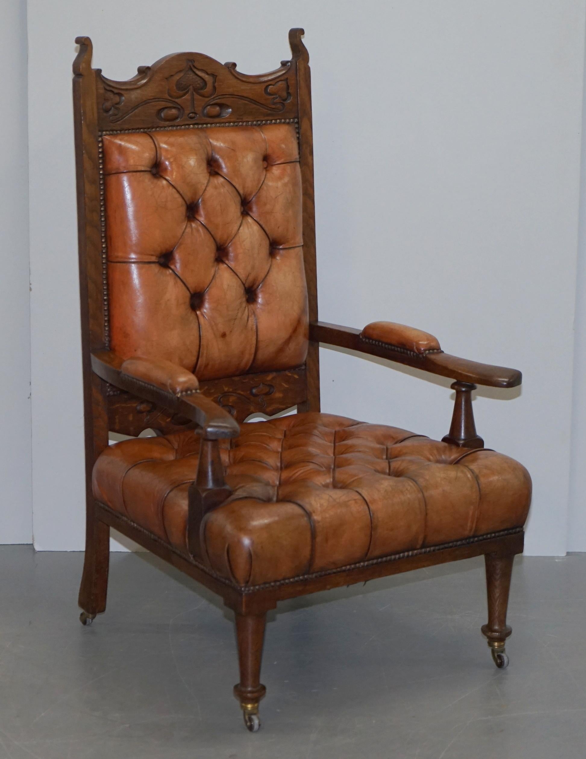 We are delighted to offer for sale this exceptionally rare pair of Victorian Chesterfield library armchairs with Liberty’s of London style Art Nouveau carved frames

What a pair of chairs!!! I have never seen another like them with the Liberty’s