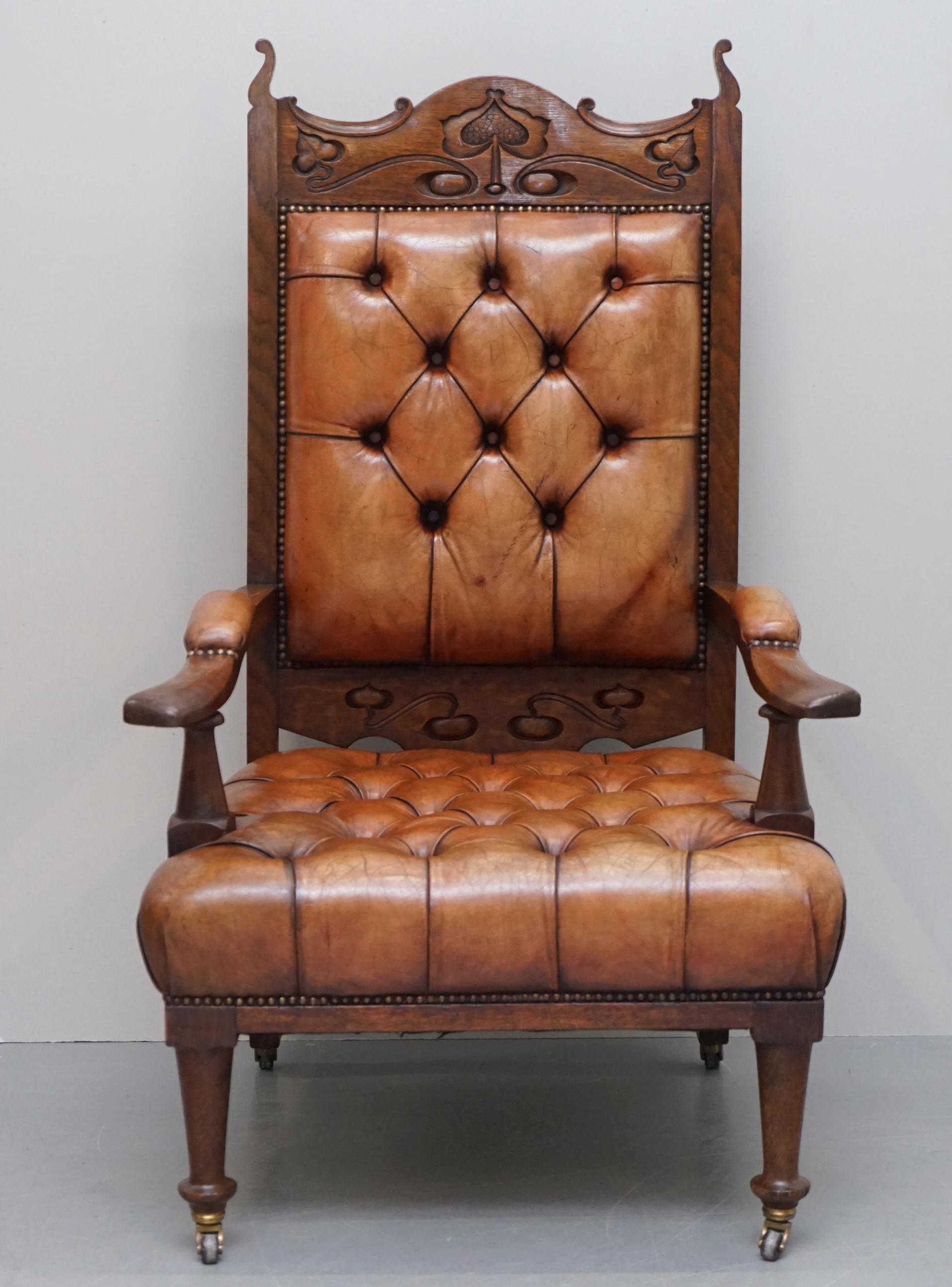 English Pair of Libertys London Style Art Nouveau Chesterfield Brown Leather Armchairs For Sale
