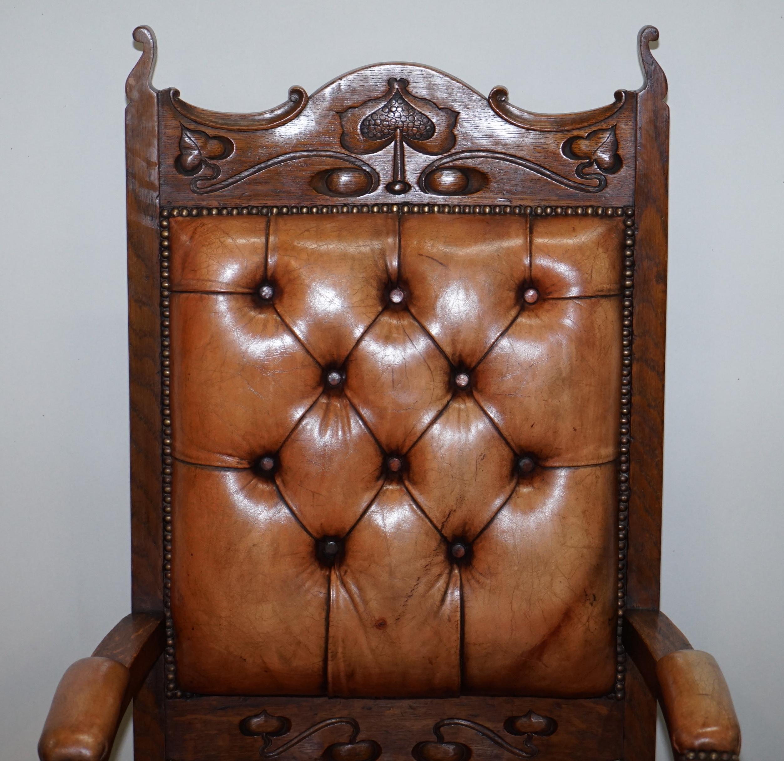 Hand-Crafted Pair of Libertys London Style Art Nouveau Chesterfield Brown Leather Armchairs For Sale