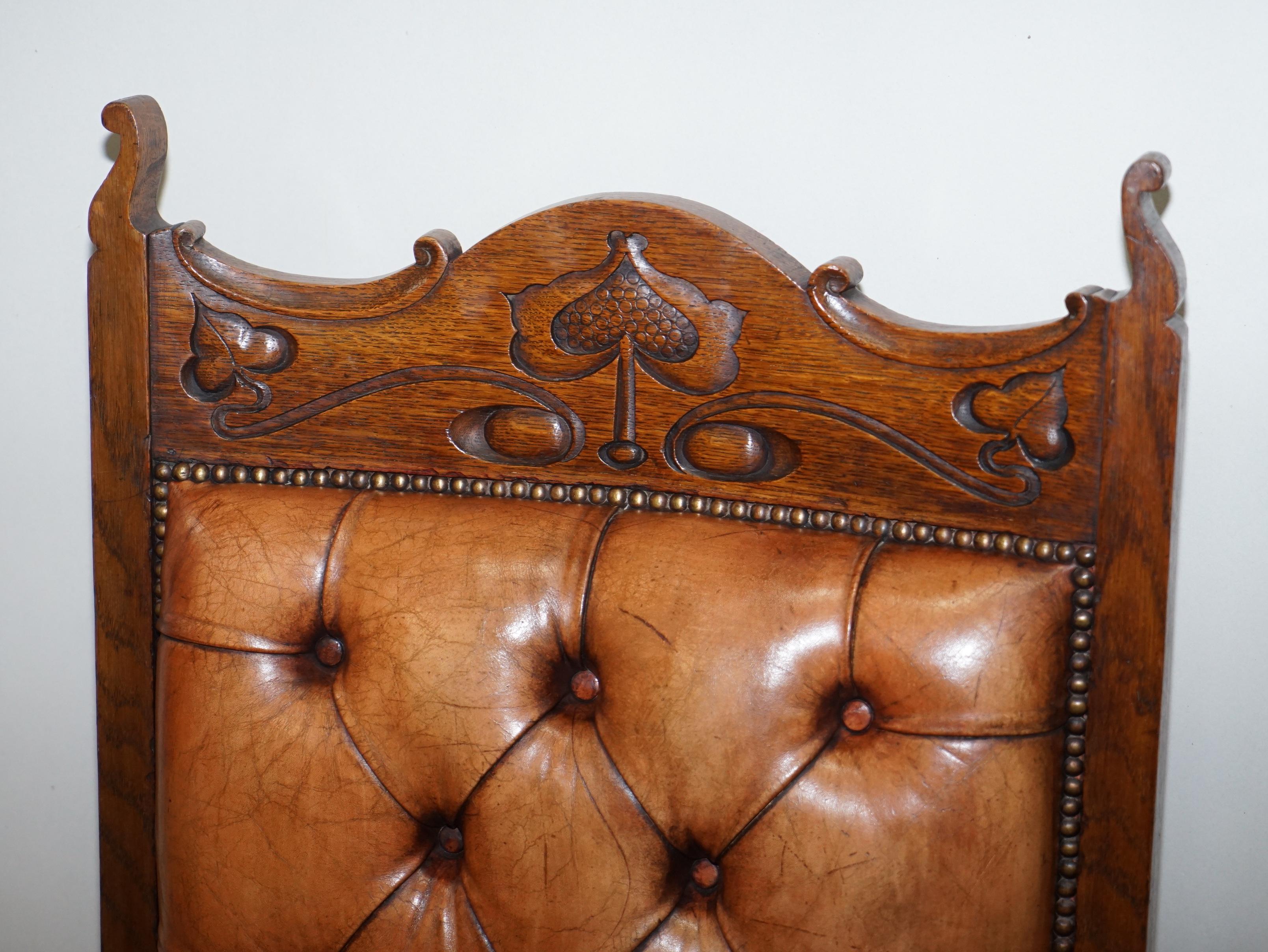 19th Century Pair of Libertys London Style Art Nouveau Chesterfield Brown Leather Armchairs For Sale
