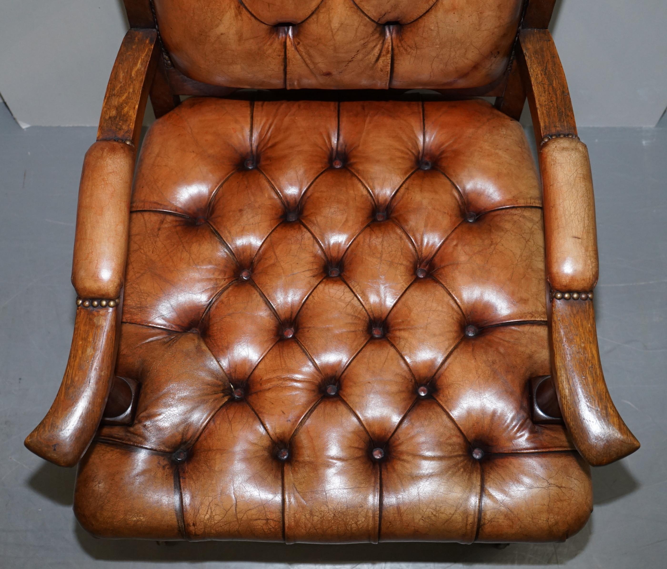 Pair of Libertys London Style Art Nouveau Chesterfield Brown Leather Armchairs For Sale 2