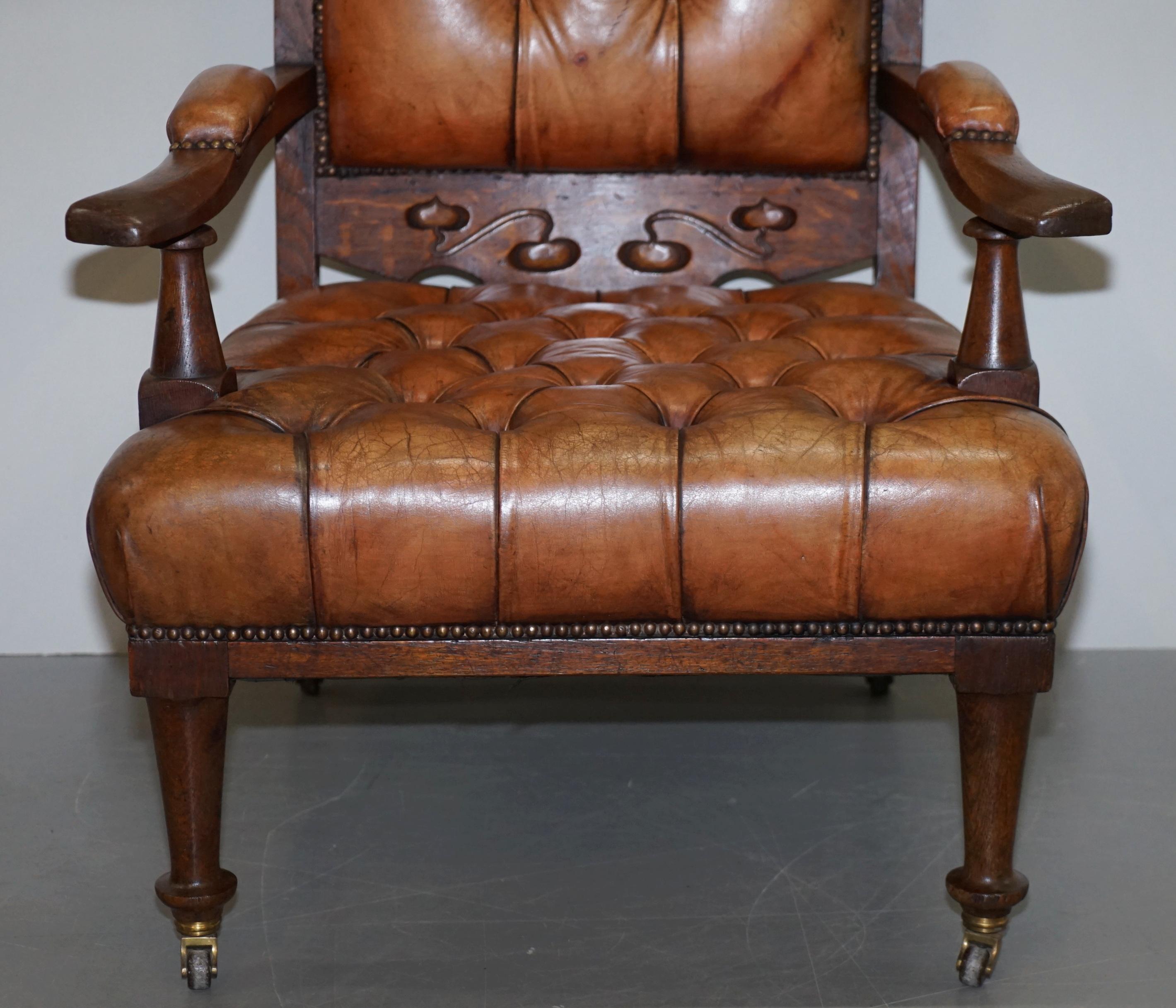 Pair of Libertys London Style Art Nouveau Chesterfield Brown Leather Armchairs For Sale 3
