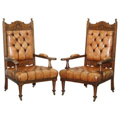 Used Pair of Libertys London Style Art Nouveau Chesterfield Brown Leather Armchairs