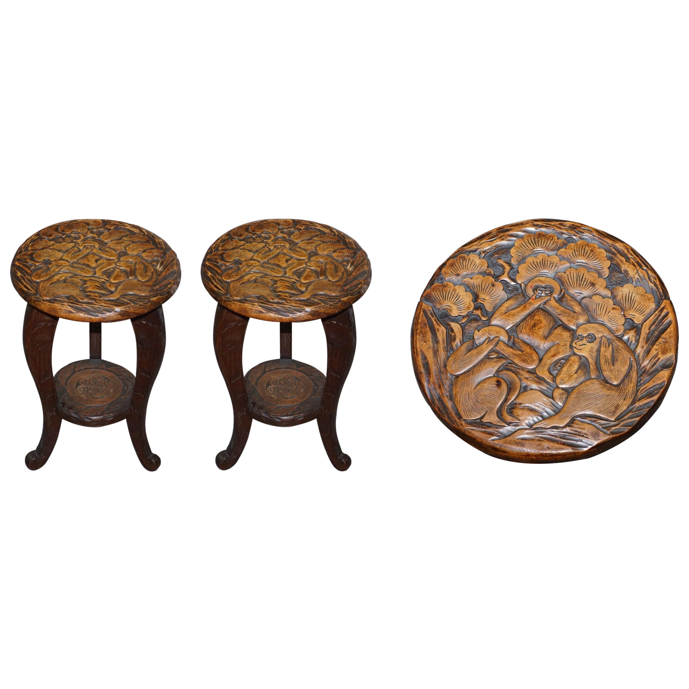 Pair of Liberty's London Three Monkey Hear See Speak No Evil Carved Side Tables For Sale