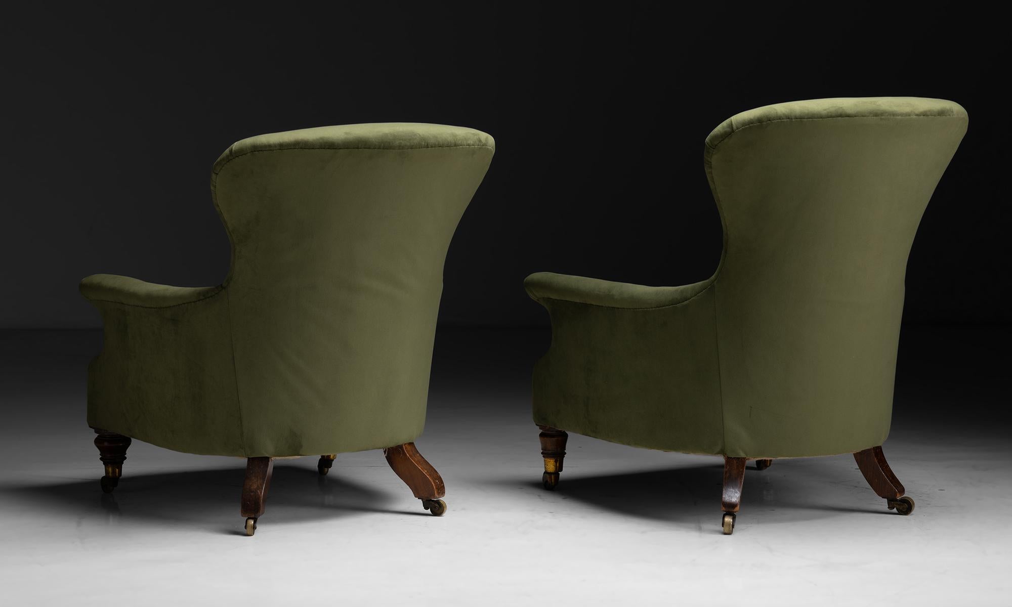 Brass Pair of Library Chairs in Velvet, England, circa 1910
