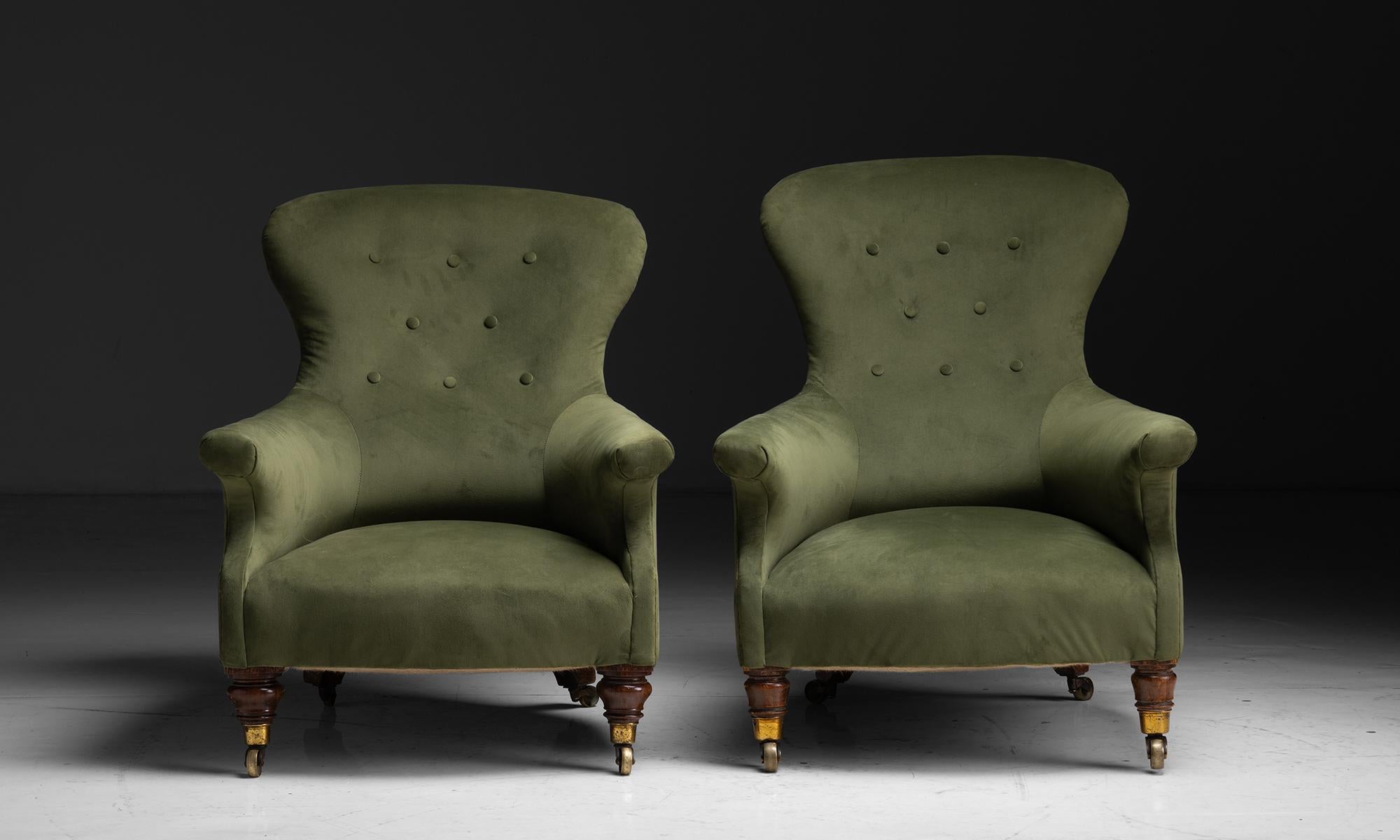 Pair of Library Chairs in Velvet, England, circa 1910 1