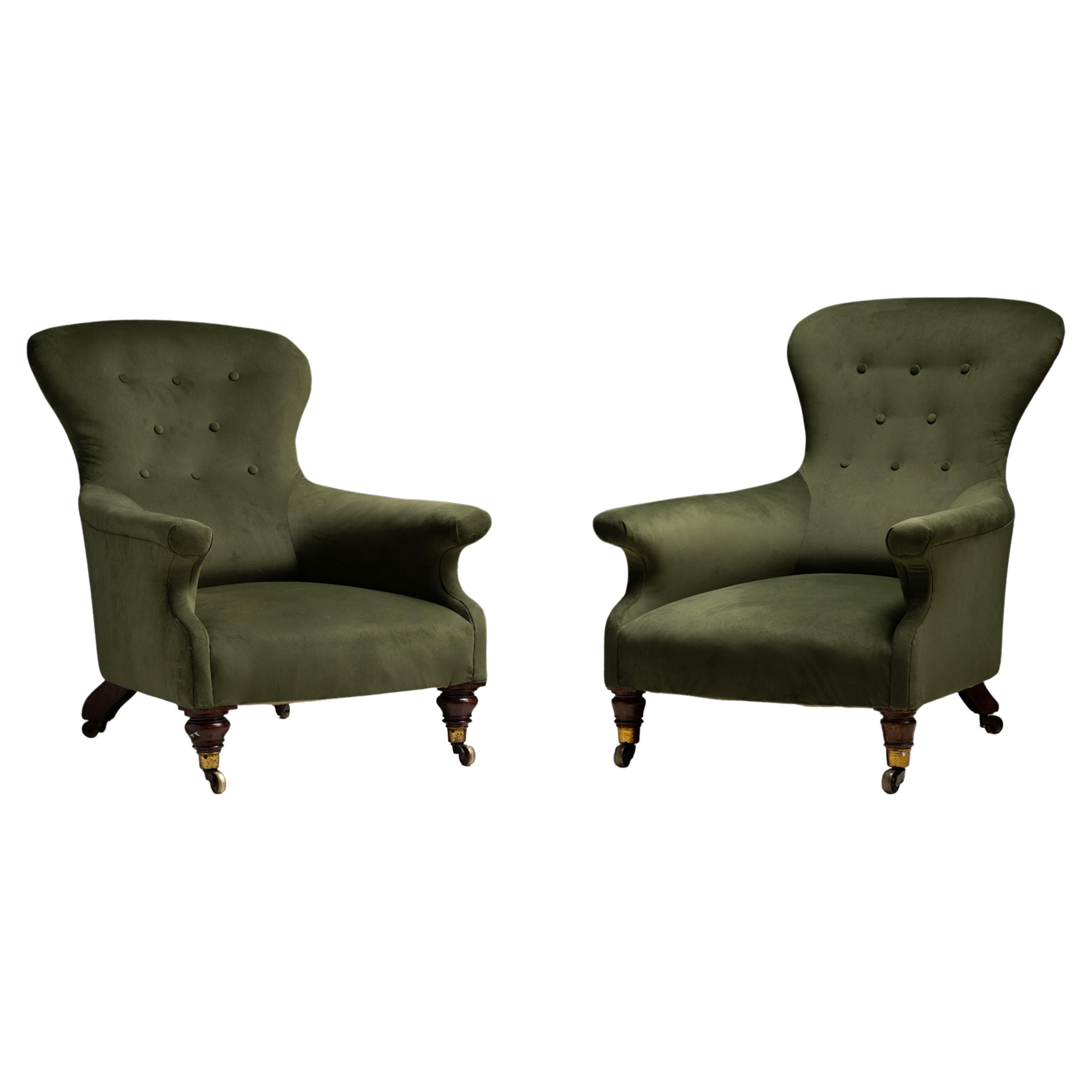 Pair of Library Chairs in Velvet, England, circa 1910
