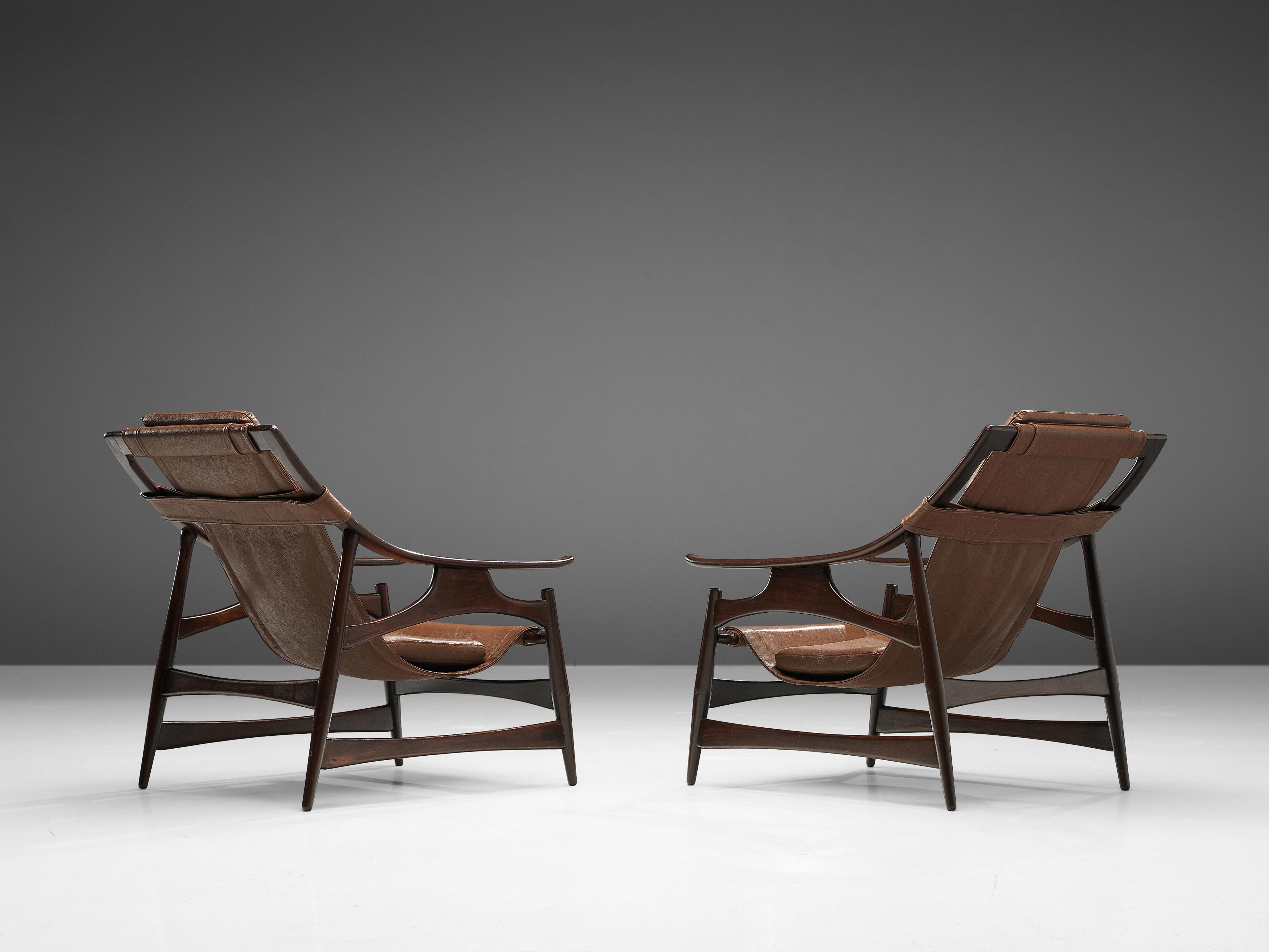 Brazilian Pair of Liceu De Artes Sao Paulo Lounge Chairs in Walnut and Leather