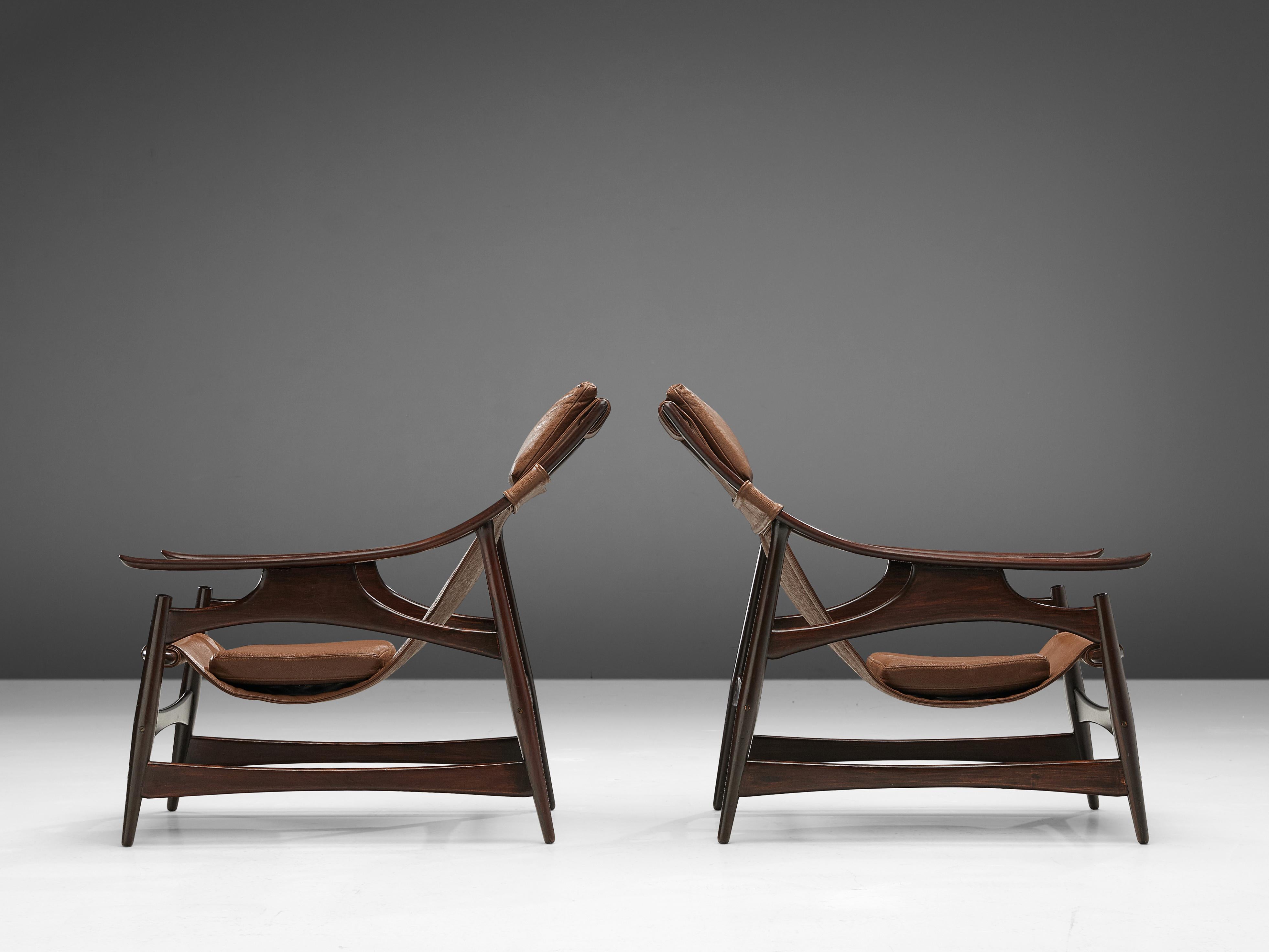 Mid-20th Century Pair of Liceu De Artes Sao Paulo Lounge Chairs in Walnut and Leather