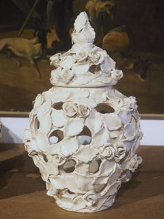 Pair of Lidded and Pierced Italian Roses Creamware