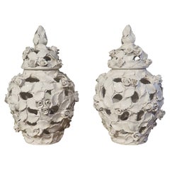 Pair of Lidded and Pierced Italian Roses Creamware