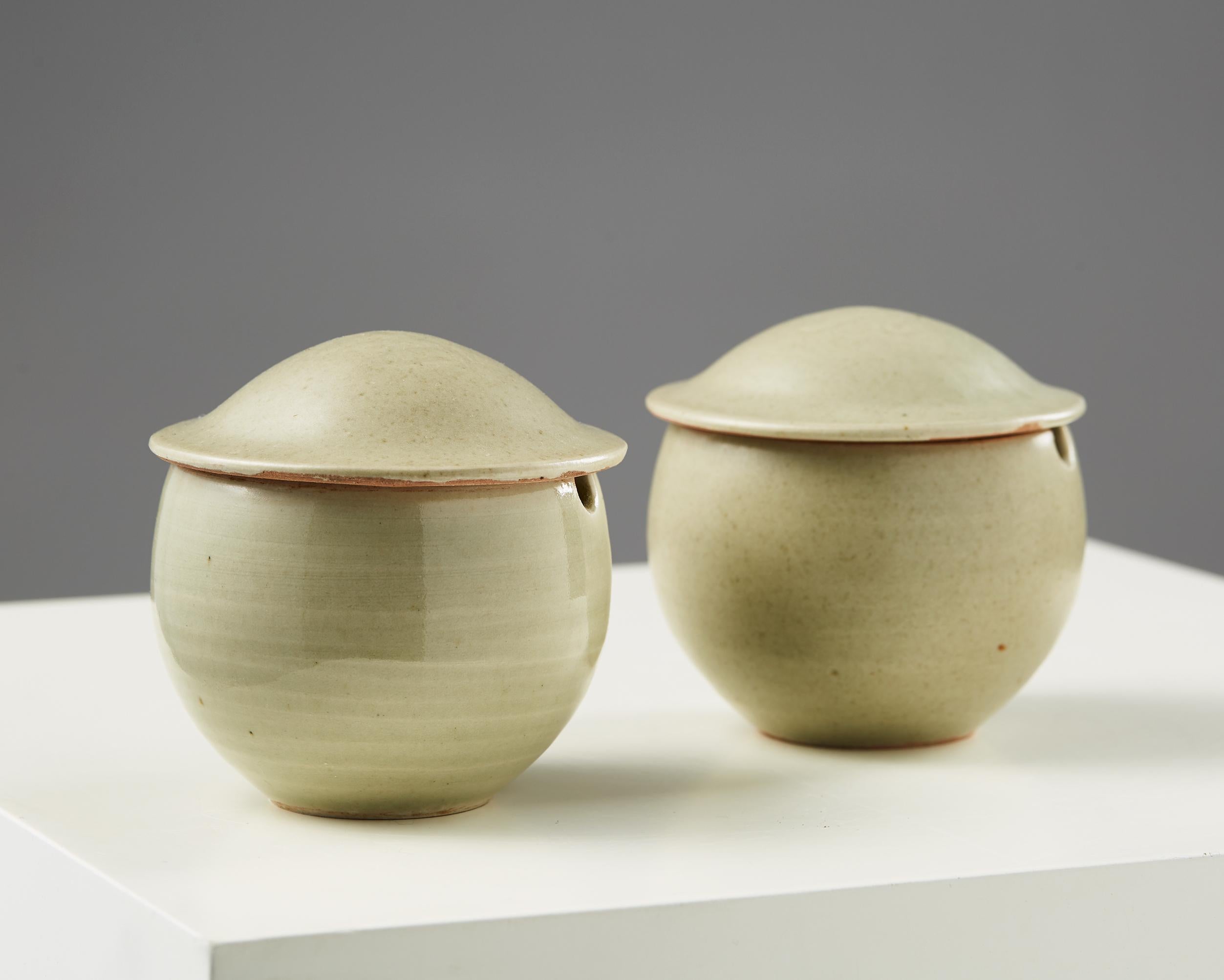 Pair of lidded bowls for St Ive’s Pottery,
England. 1980s.

Stoneware.

Measurements:
H: 10 cm/ 4''
Diameter: 10 cm/ 4''